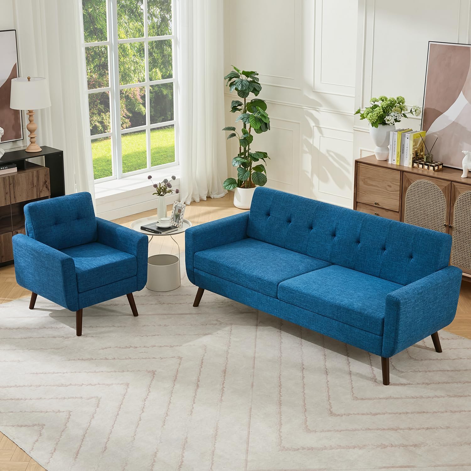 Tbfit Linen Fabric Single Sofa, Accent Chair, Mid Century Modern Armchair for Living Room, Bedroom Button Tufted Upholstered Comfy Reading Sofas, Beige | linen fabric, button tufted, solid wood foot, pocket spring, wood slats frame