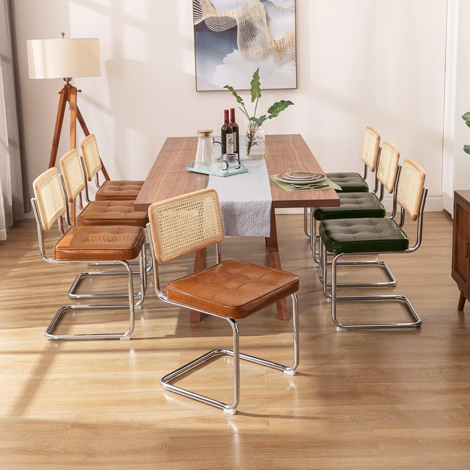 Zesthouse Natural Rattan Dining Chairs Set of 2, Modern Dining Room Chairs with Solid Wood Back for Kitchen Living Room, Mid Century Breuer Design Inspired, Upholstered Faux Leather Brown