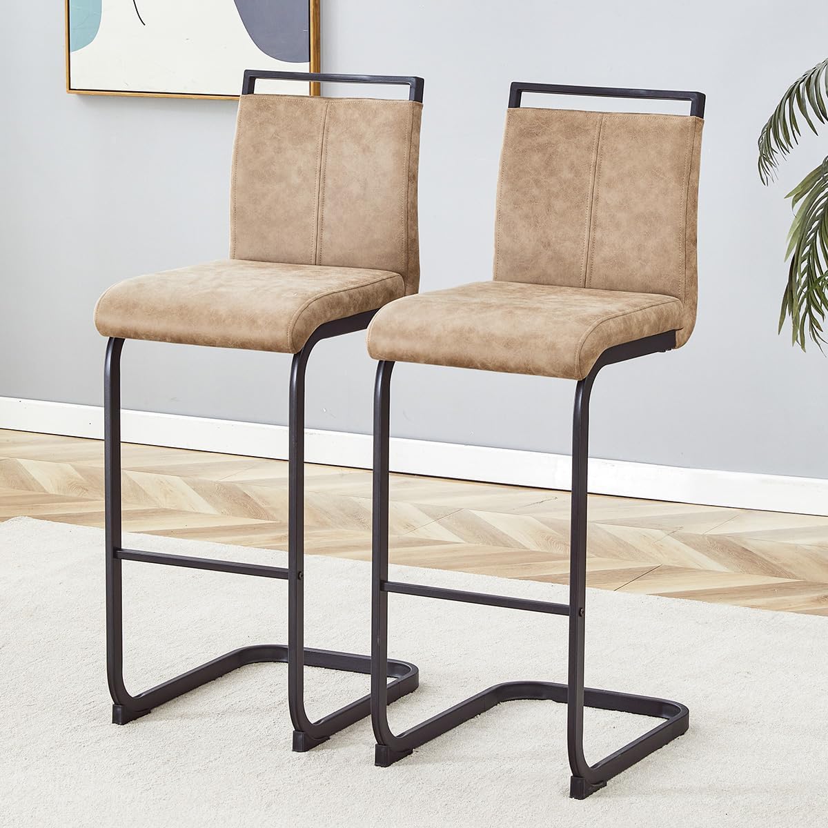 Counter Height Bar Stools Set of 4,25" PU Leather Bar Stools with Back,Counter High Chairs with Black Painted Metal Legs,White Bar Stool of 4 for Kitchen Island,Bar Counter (White,25" H)