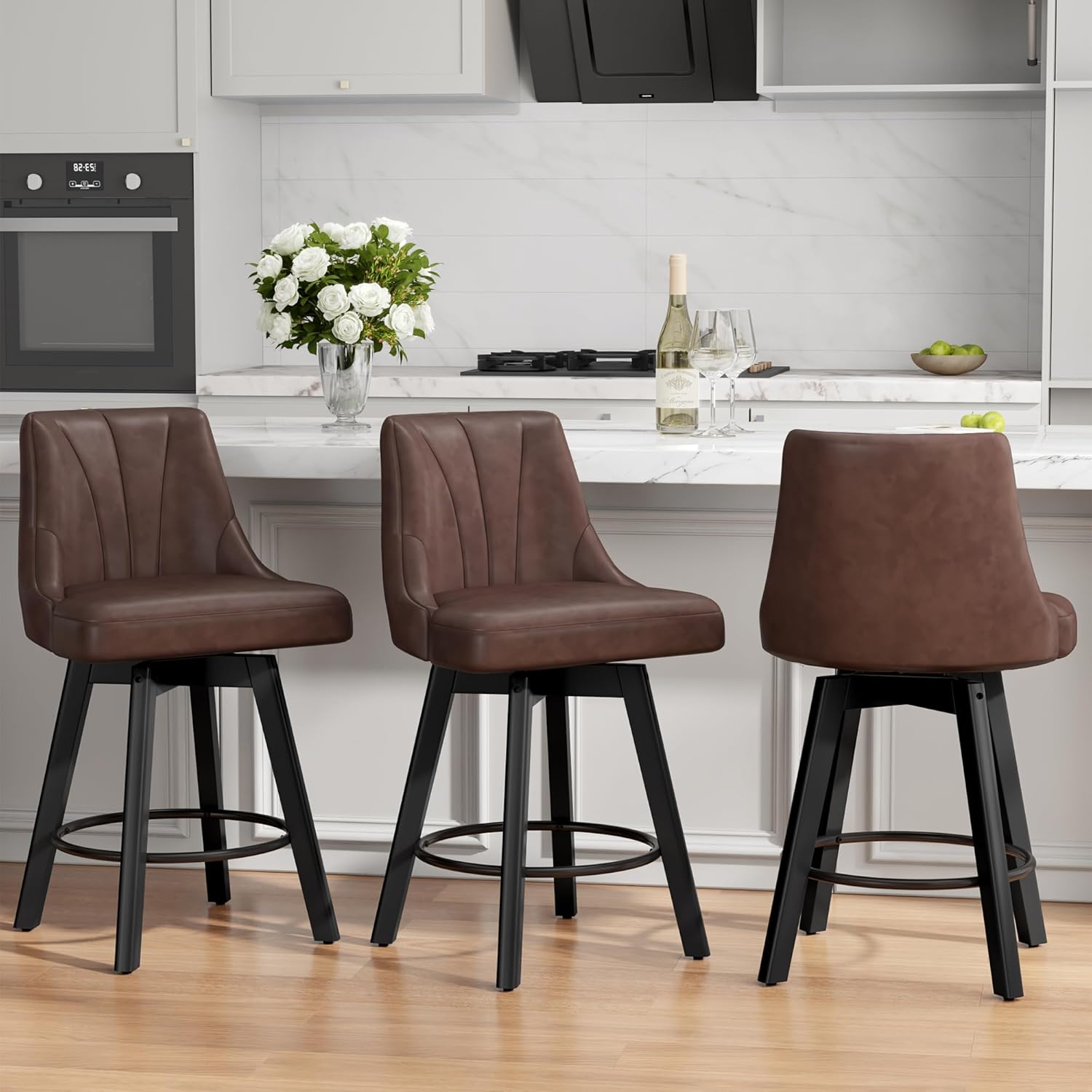 Counter Height Swivel Bar Stool, 24" Upholstered PU Leather Barstools Set of 3, Counter Stool Chair with Back & Solid Wood Legs for Kitchen Island Dining Room (Black)
