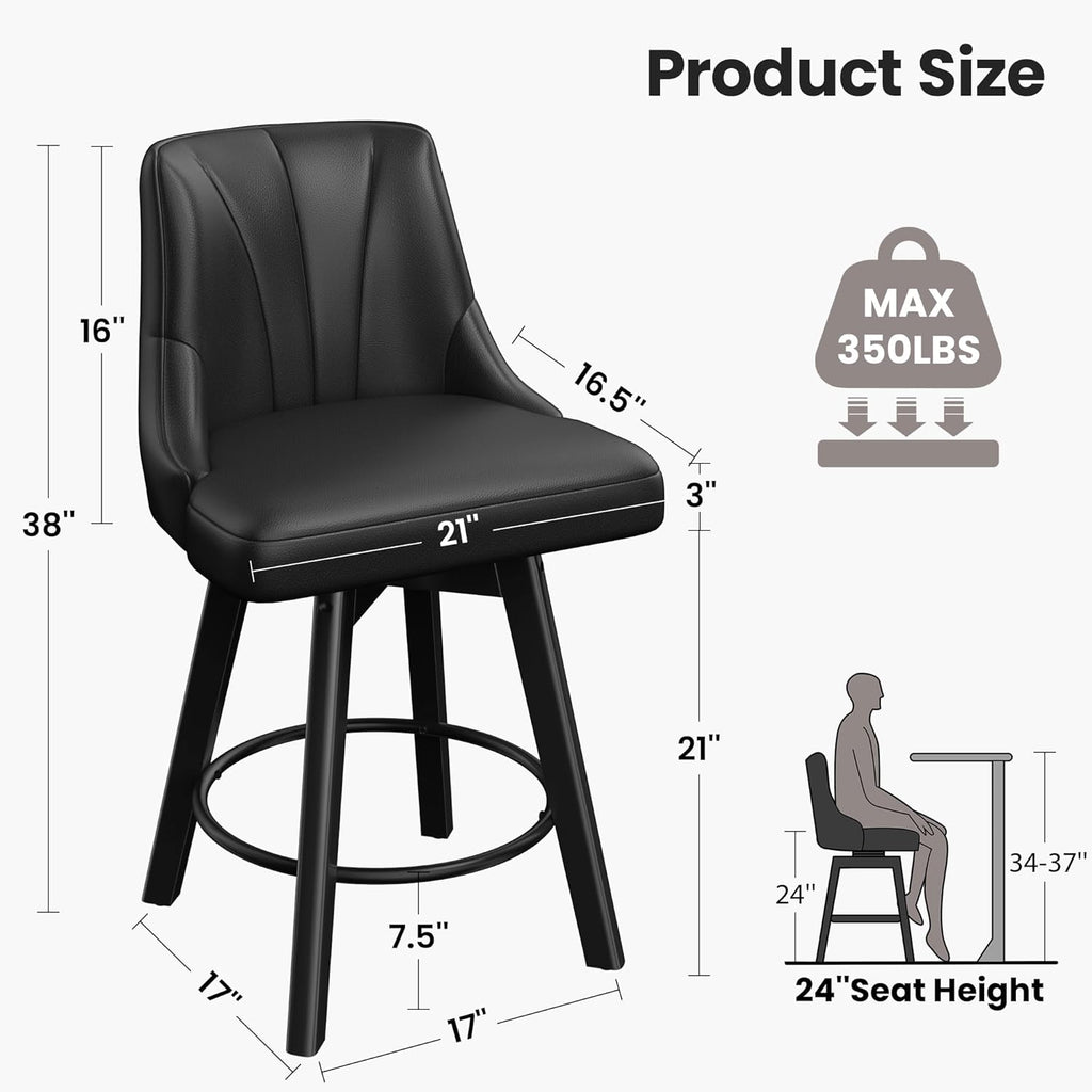 Counter Height Swivel Bar Stool, 24" Upholstered PU Leather Barstools Set of 3, Counter Stool Chair with Back & Solid Wood Legs for Kitchen Island Dining Room (Black)