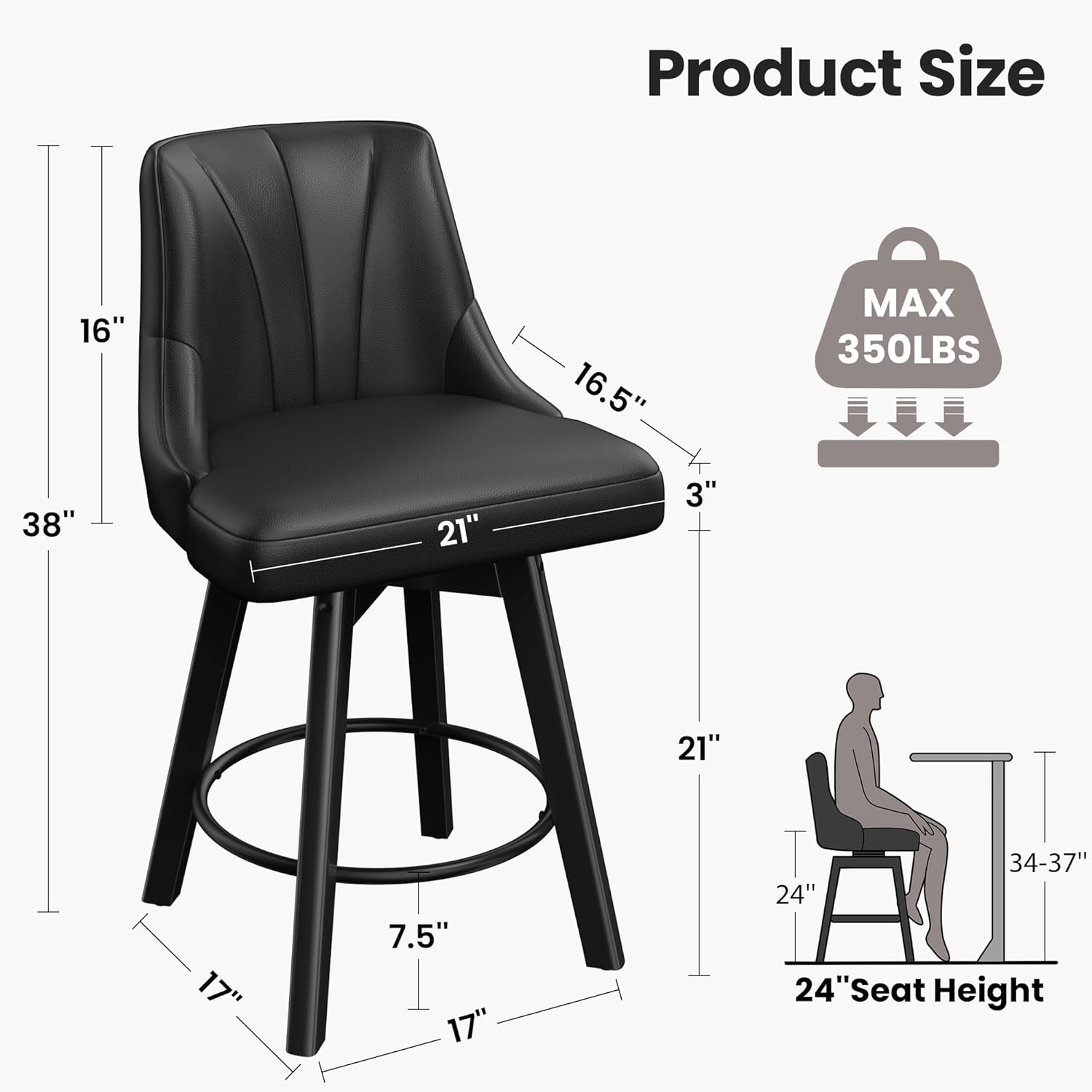 Counter Height Swivel Bar Stool, 24" Upholstered PU Leather Barstools Set of 3, Counter Stool Chair with Back & Solid Wood Legs for Kitchen Island Dining Room (Black)