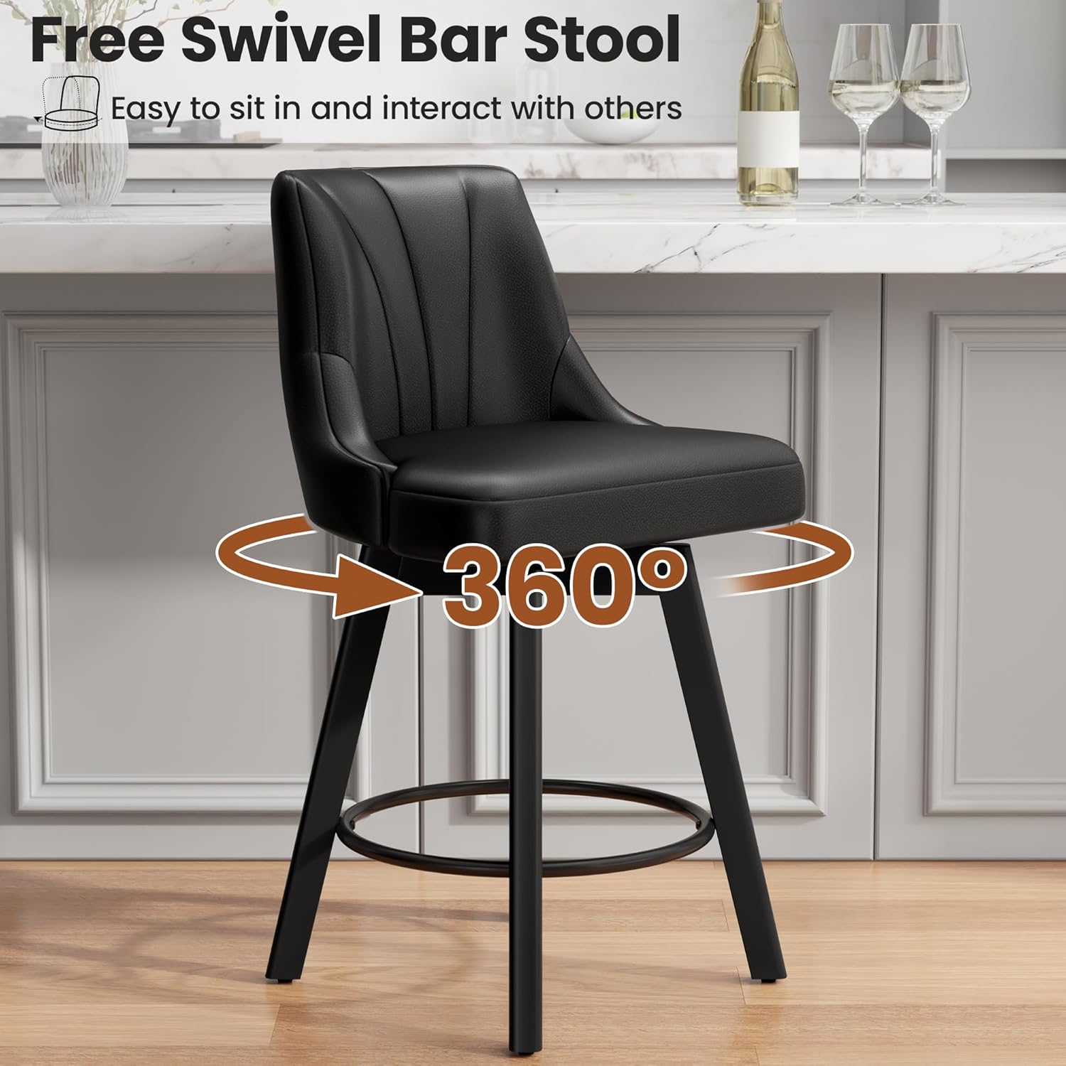 Counter Height Swivel Bar Stool, 24" Upholstered PU Leather Barstools Set of 3, Counter Stool Chair with Back & Solid Wood Legs for Kitchen Island Dining Room (Black)