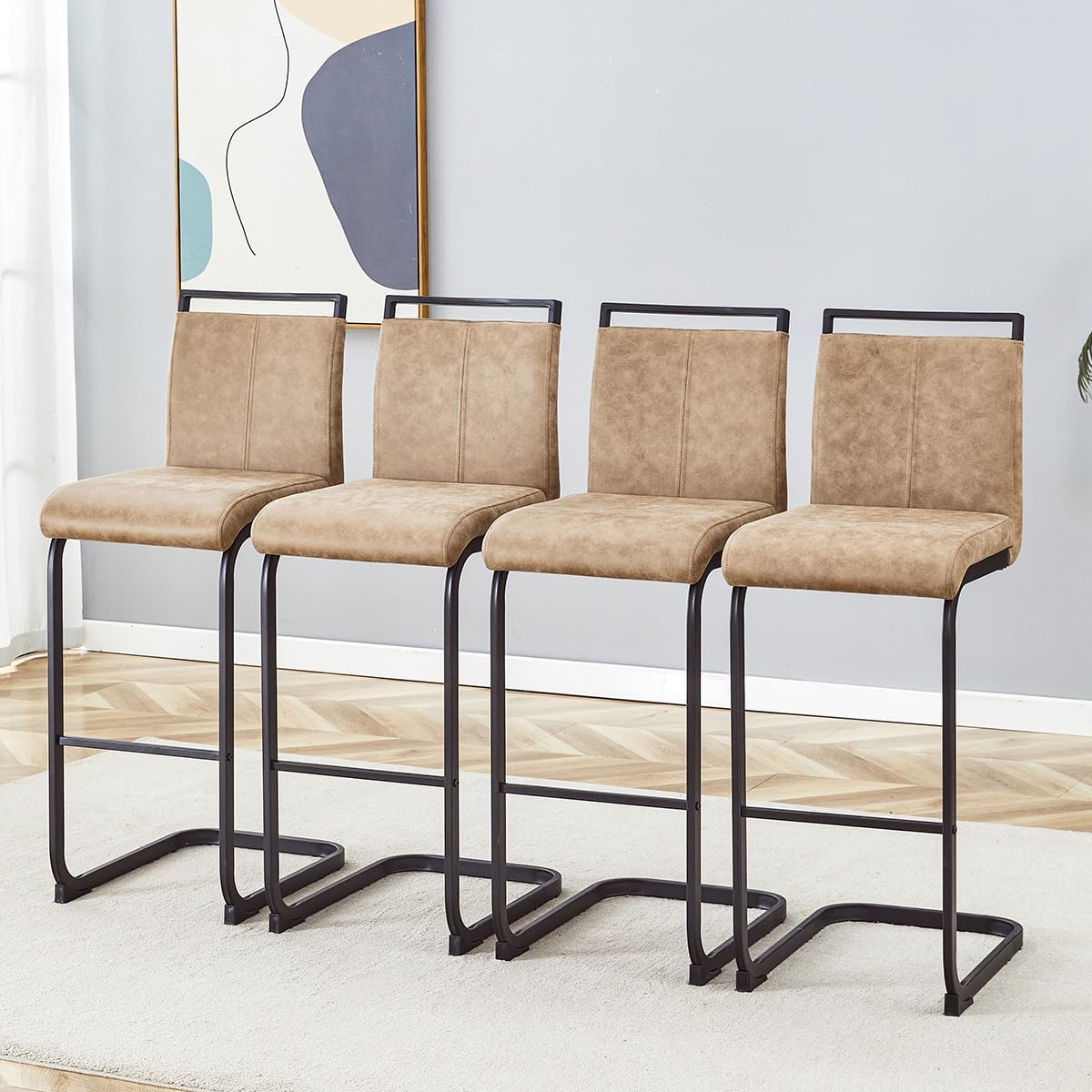 Counter Height Bar Stools Set of 4,25" PU Leather Bar Stools with Back,Counter High Chairs with Black Painted Metal Legs,White Bar Stool of 4 for Kitchen Island,Bar Counter (White,25" H)