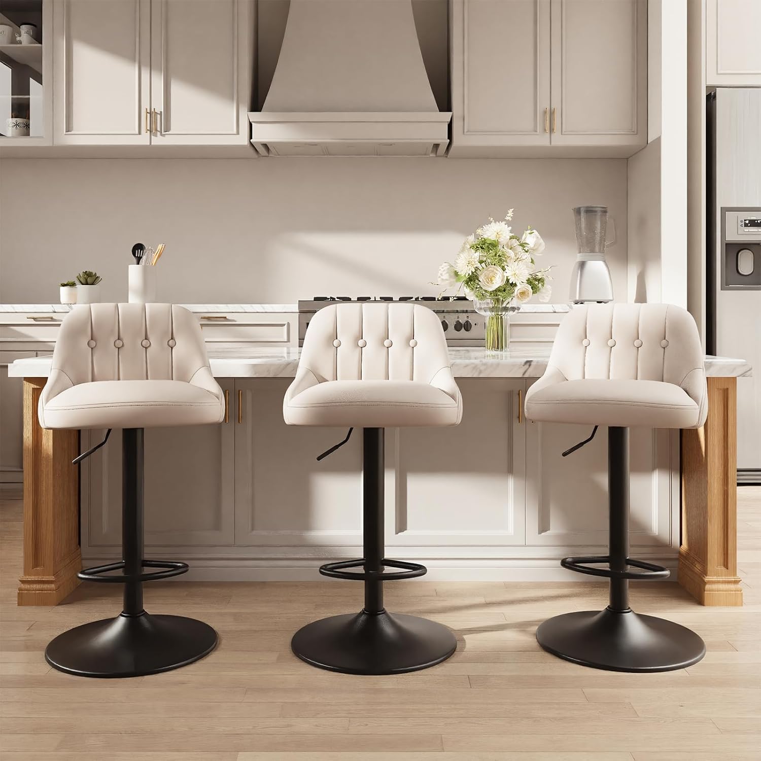 Bar Stools Set of 4, Swivel Bar Chairs, Modern Adjustable PU Leather Upholstered Barstools Counter Height with Tufted Back for Bar, Kitchen Counter Island, Dining Room, Beige