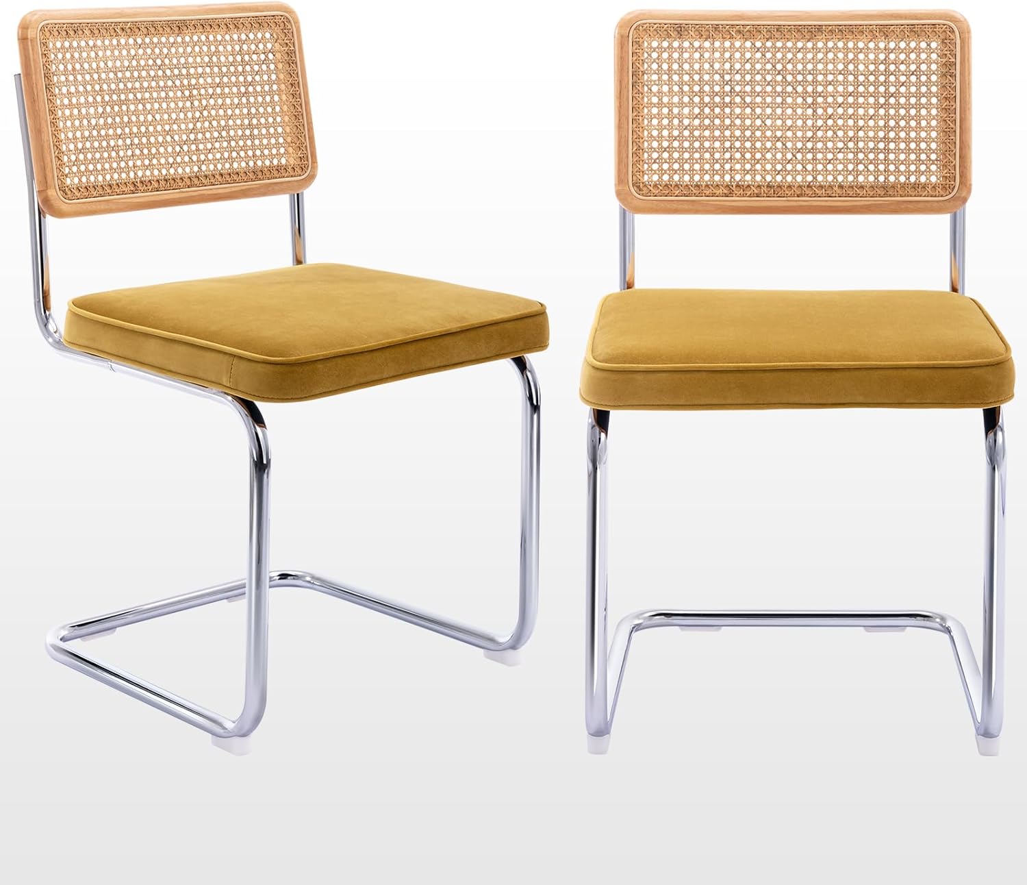 Zesthouse Natural Rattan Dining Chairs Set of 2, Modern Dining Room Chairs with Solid Wood Back for Kitchen Living Room, Mid Century Breuer Design Inspired, Upholstered Faux Leather Brown