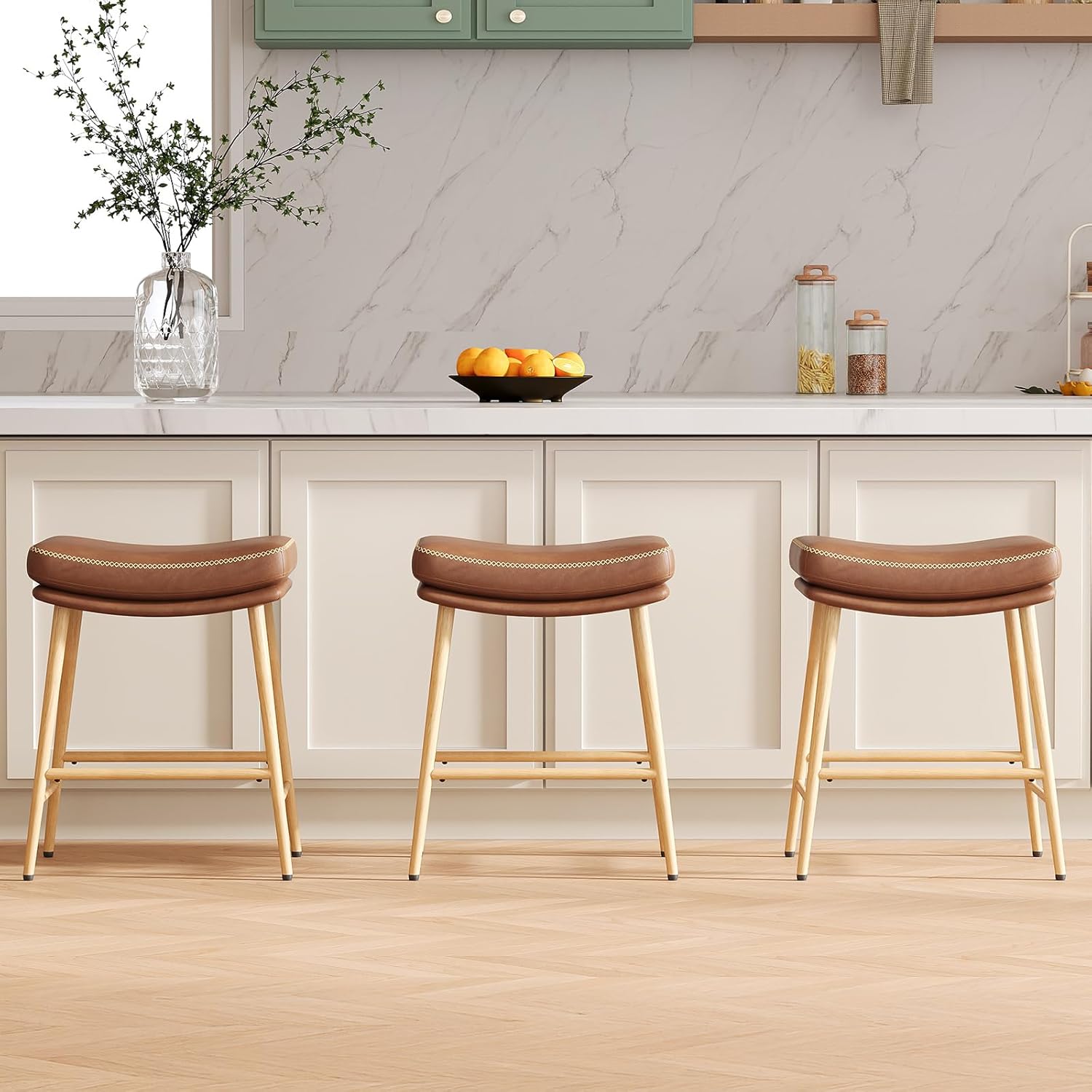 Bar Stools Set of 4, Swivel Bar Chairs, Modern Adjustable PU Leather Upholstered Barstools Counter Height with Tufted Back for Bar, Kitchen Counter Island, Dining Room, Beige