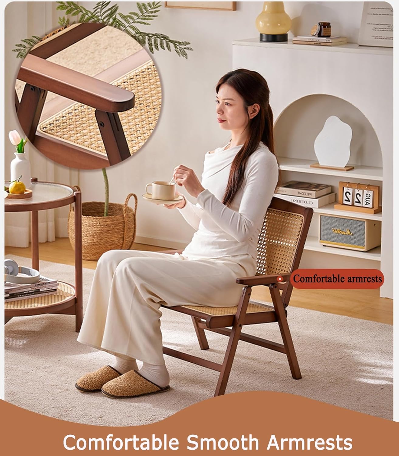 Wooden Rattan Folding Chair, Outdoor Portable Leisure Chairs with Low Seat, Backrest and Seat Cushion, Ideal for Balcony, Reading Room, Patio, Lawn