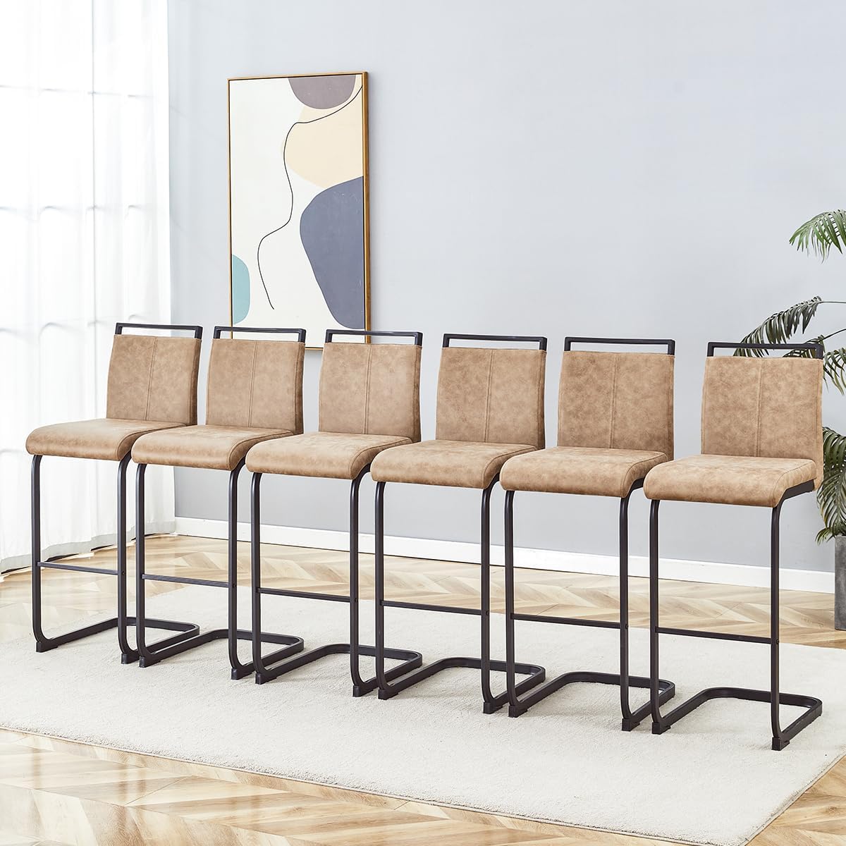 Counter Height Bar Stools Set of 4,25" PU Leather Bar Stools with Back,Counter High Chairs with Black Painted Metal Legs,White Bar Stool of 4 for Kitchen Island,Bar Counter (White,25" H)