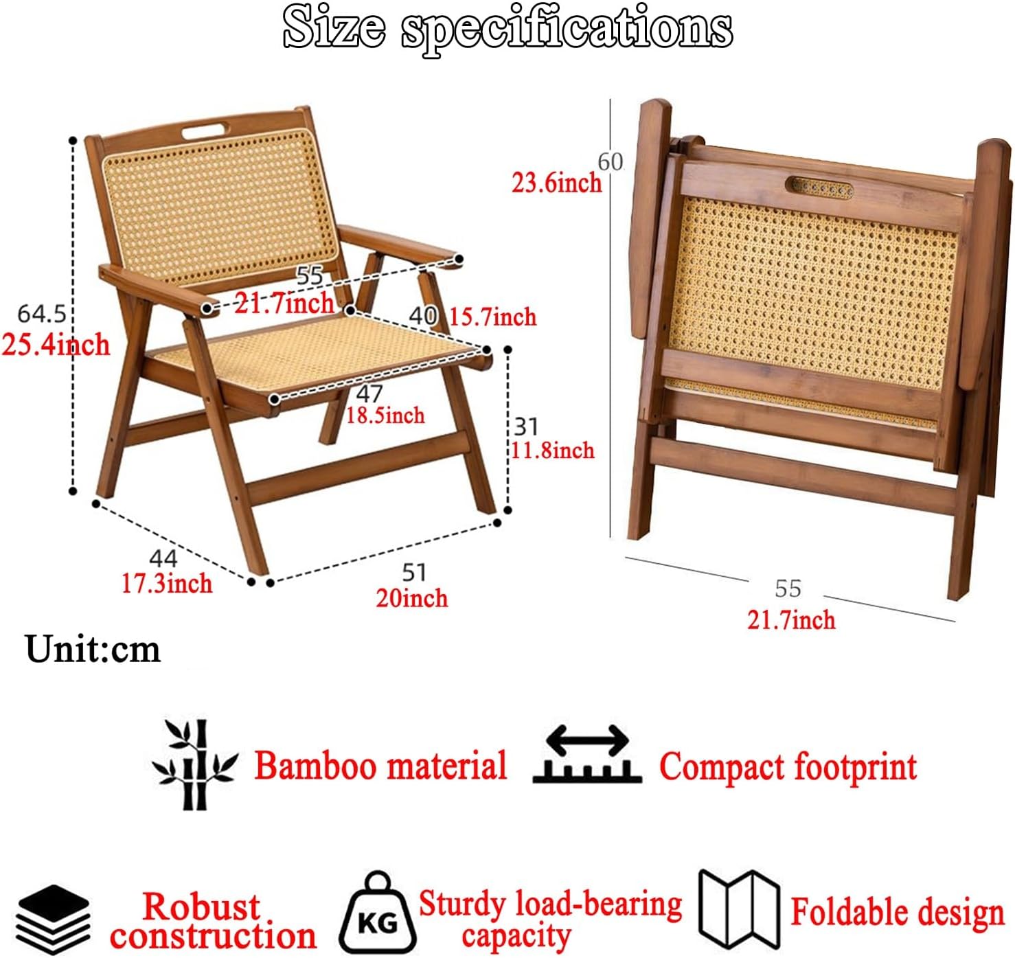 Wooden Rattan Folding Chair, Outdoor Portable Leisure Chairs with Low Seat, Backrest and Seat Cushion, Ideal for Balcony, Reading Room, Patio, Lawn