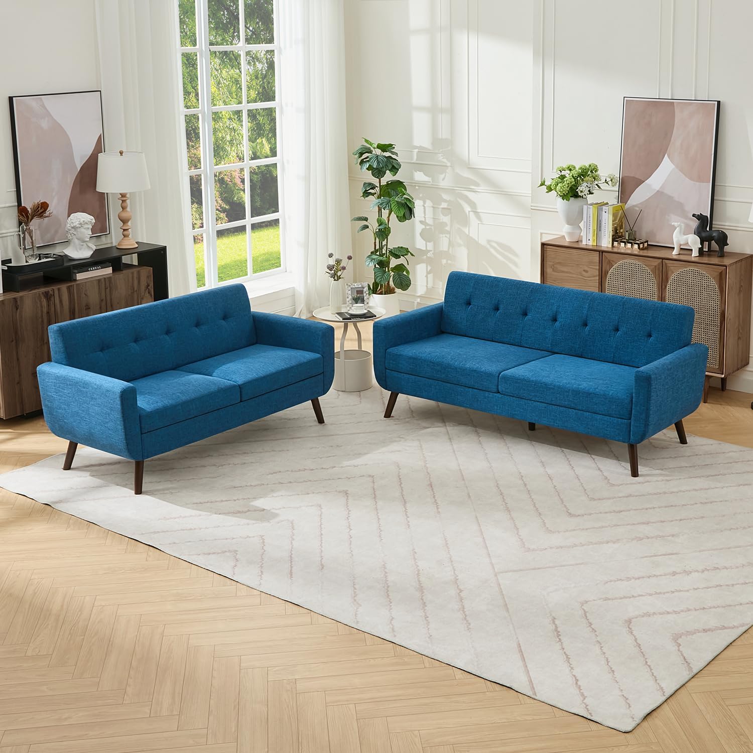 Tbfit Linen Fabric Single Sofa, Accent Chair, Mid Century Modern Armchair for Living Room, Bedroom Button Tufted Upholstered Comfy Reading Sofas, Beige | linen fabric, button tufted, solid wood foot, pocket spring, wood slats frame