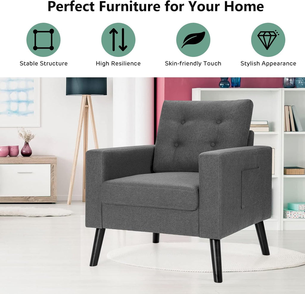 Giantex Modern Accent Chair, Mid-Century Upholstered Armchair Club Chair with Rubber Wood Legs, Patented Linen Fabric Single Sofa for Living Room Bedroom Office, Grey