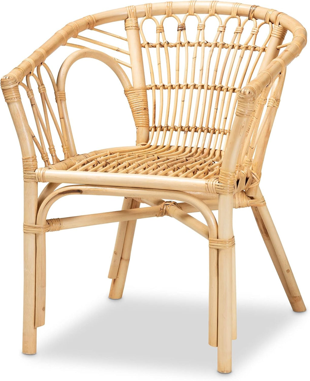 bali & pari Kaka Nature Rattan Dining Chair - Boho Wicker Armchair with Curved Back, Natural