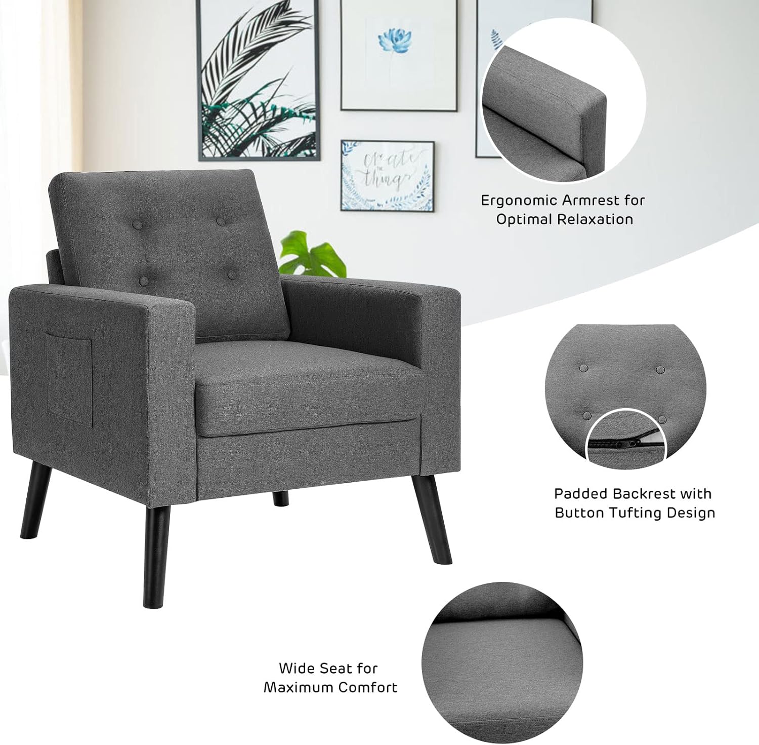 Giantex Modern Accent Chair, Mid-Century Upholstered Armchair Club Chair with Rubber Wood Legs, Patented Linen Fabric Single Sofa for Living Room Bedroom Office, Grey