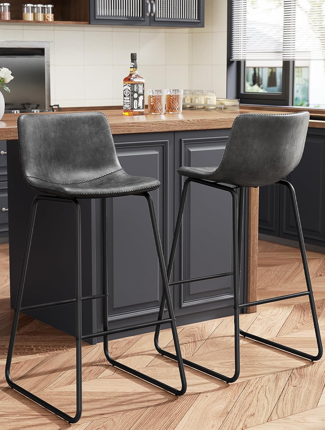 Bar Stools Set of 4, PU Leather Counter Height Bar Stools, 26" Modern Barstools with Metal Legs and Footrest, Urban Armless Dining Chairs with Backrest for Kitchen Island (Brown)