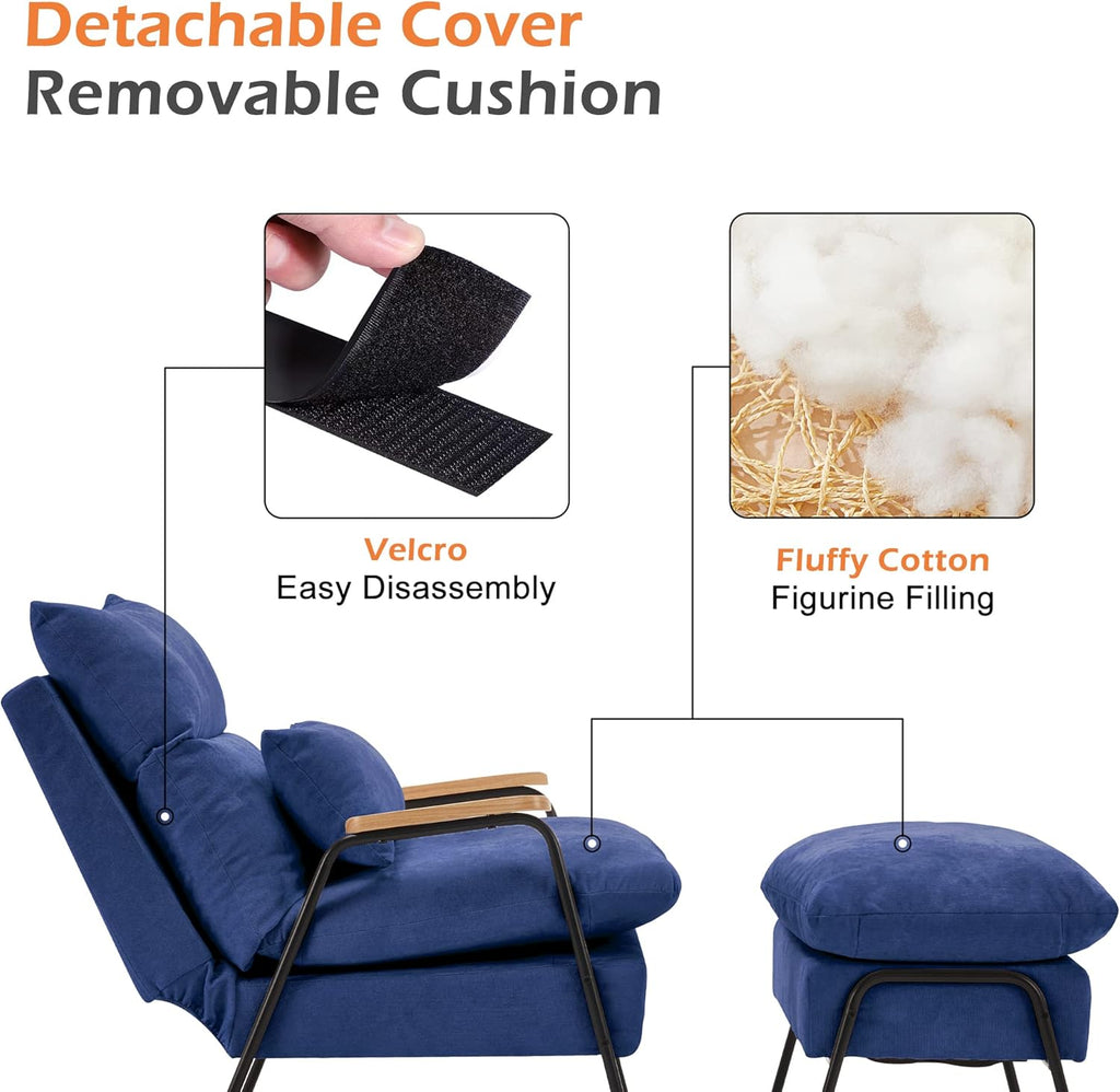MCombo Accent Recliner Chair with Ottoman, Modern Fabric Armchair, Upholstered Sofa Bed for Living Room Bedroom, Small Space 4055 (Black Frame, Blue)