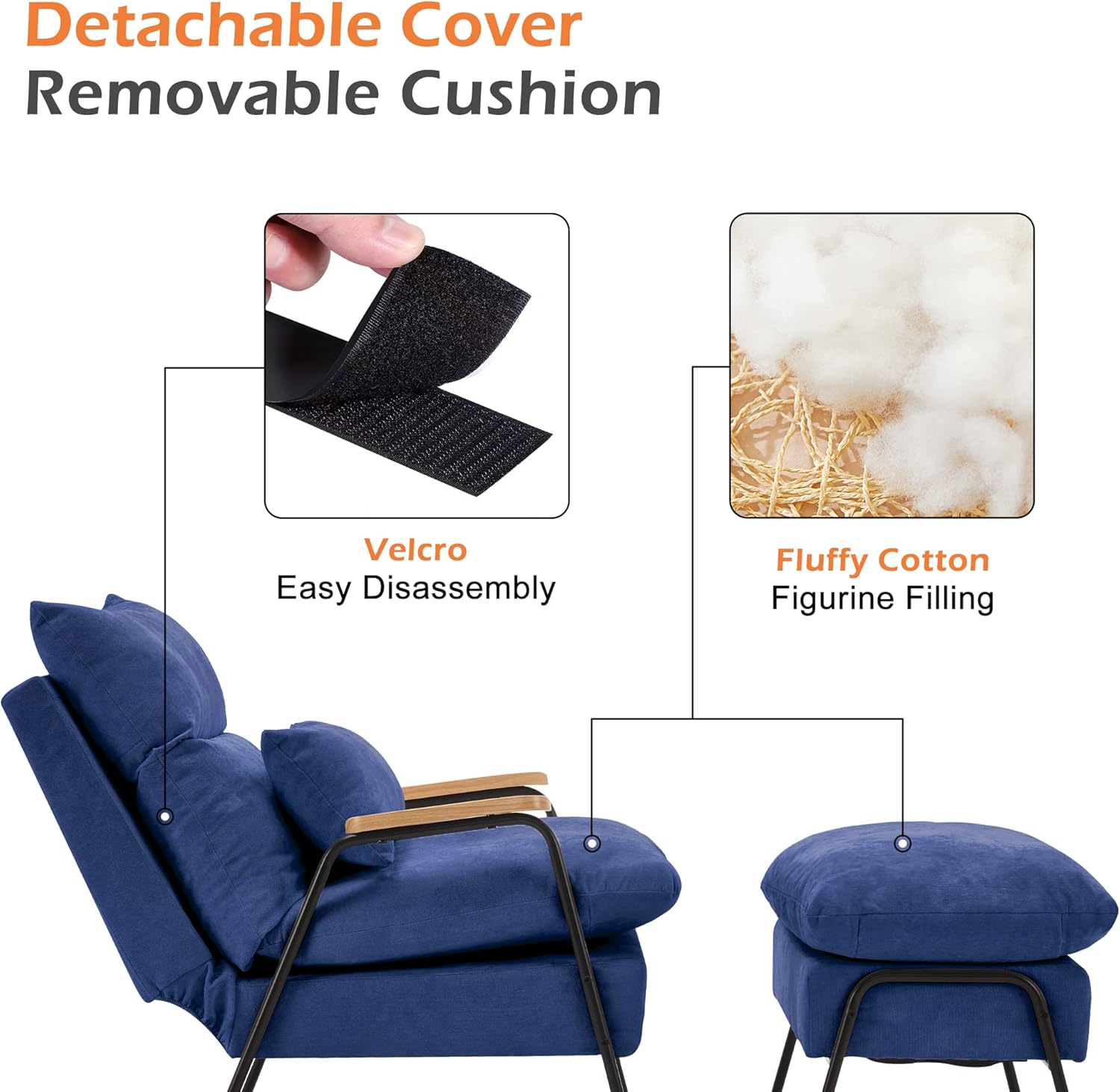 MCombo Accent Recliner Chair with Ottoman, Modern Fabric Armchair, Upholstered Sofa Bed for Living Room Bedroom, Small Space 4055 (Black Frame, Blue)