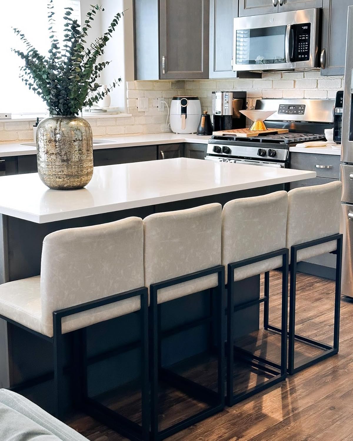 PHI VILLA Black Bar Stools Set of 4, Counter Height 24'' Barstool Pu Leather Bar Stools with Back, Kitchen Bar Chairs