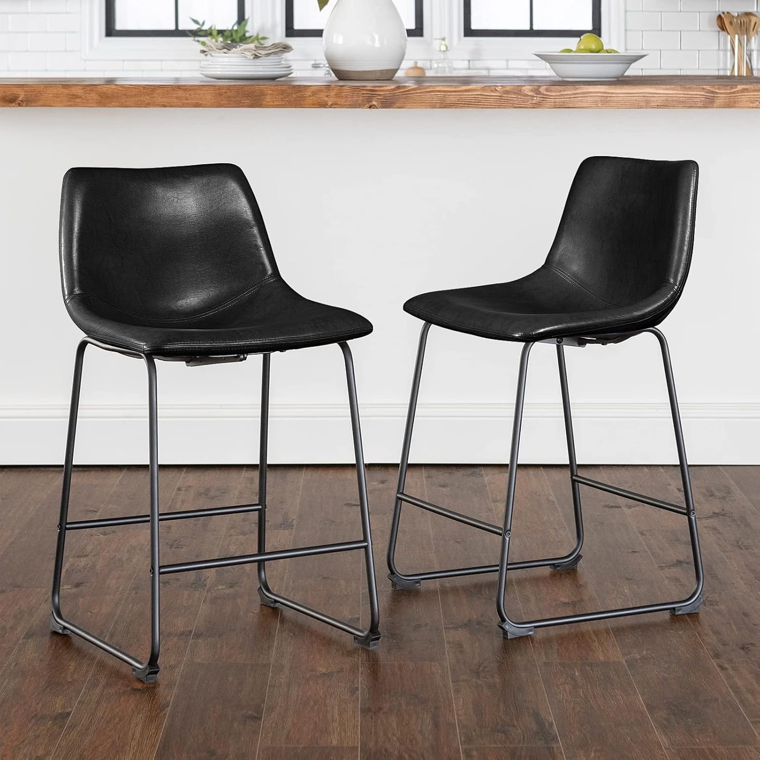 LEMBERI Faux Leather Dining Chairs Set of 4, 18 Inch Modern Kitchen & Dining Room Upholstered Chairs with Backrest and Metal Legs (Black)