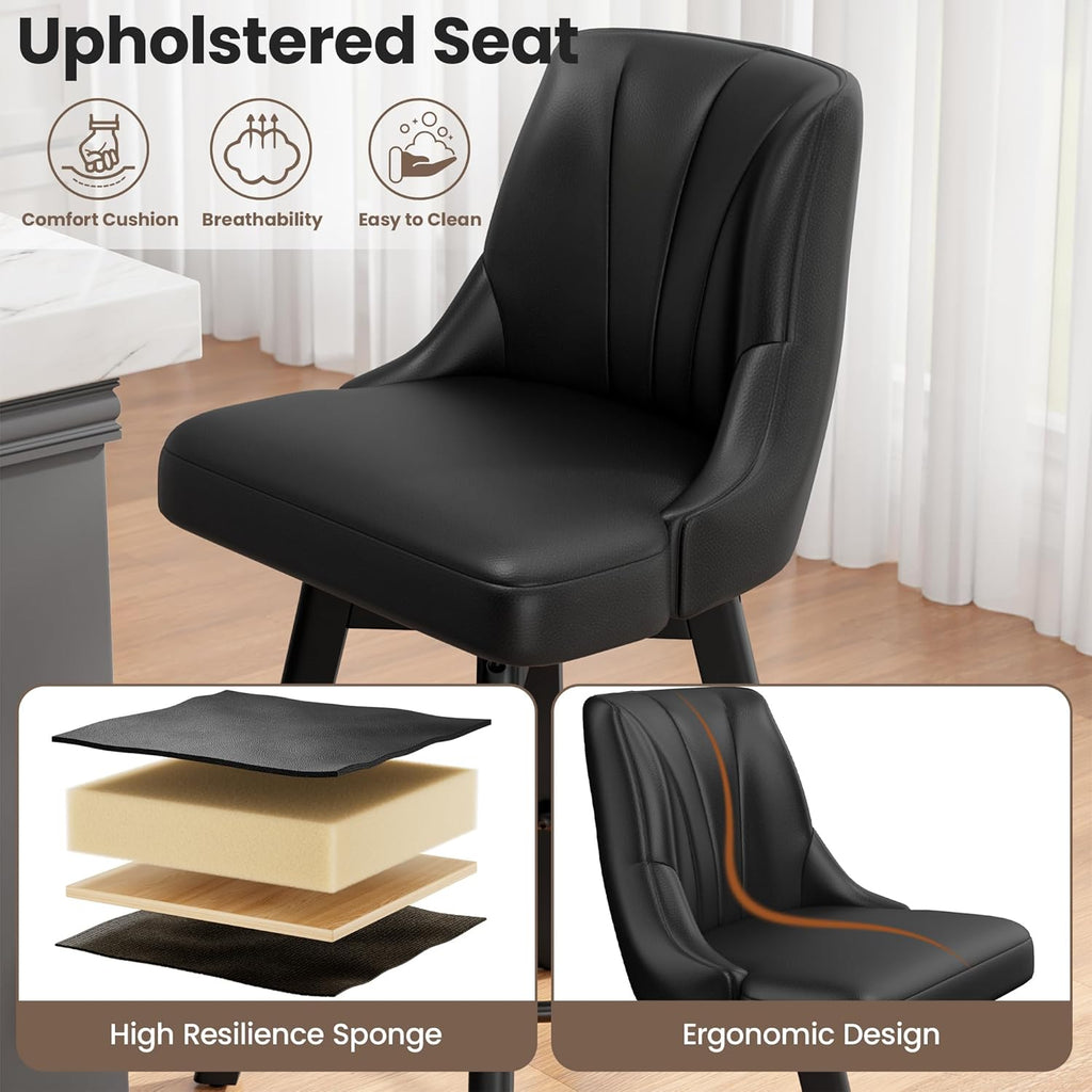 Counter Height Swivel Bar Stool, 24" Upholstered PU Leather Barstools Set of 3, Counter Stool Chair with Back & Solid Wood Legs for Kitchen Island Dining Room (Black)