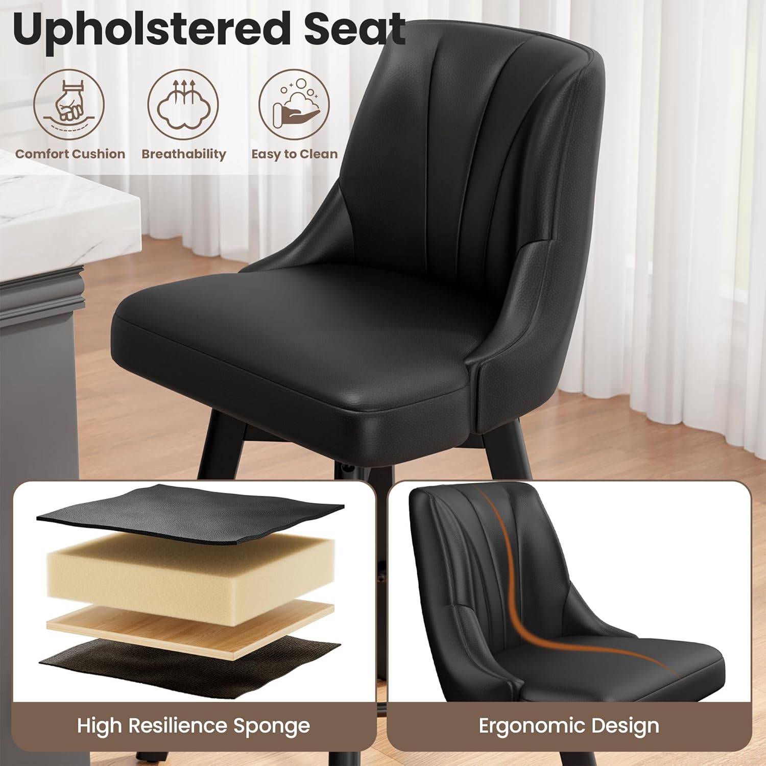 Counter Height Swivel Bar Stool, 24" Upholstered PU Leather Barstools Set of 3, Counter Stool Chair with Back & Solid Wood Legs for Kitchen Island Dining Room (Black)
