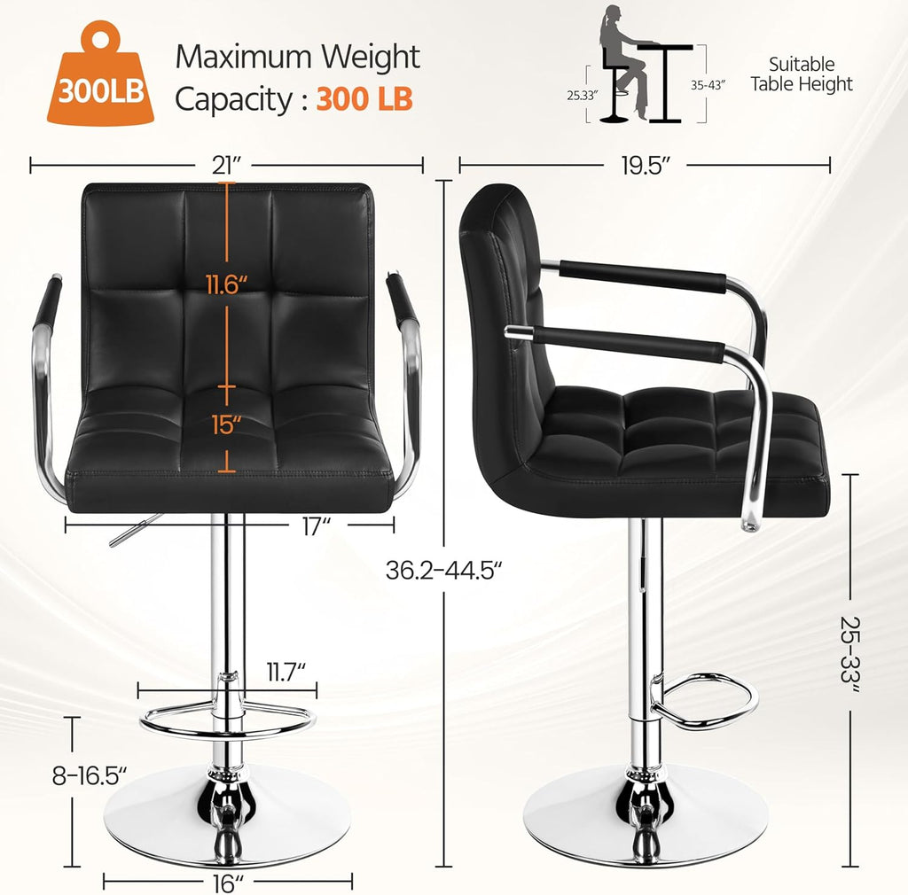 Yaheetech Bar Stools Set of 2, PU Leather Height Adjustable Swivel Barstools, Hydraulic Kitchen Counter Height Bar Chairs with Armrest and Back for Kitchen, Dining Room, Black