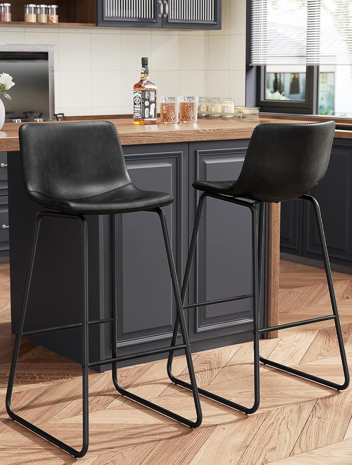 Bar Stools Set of 4, PU Leather Counter Height Bar Stools, 26" Modern Barstools with Metal Legs and Footrest, Urban Armless Dining Chairs with Backrest for Kitchen Island (Brown)