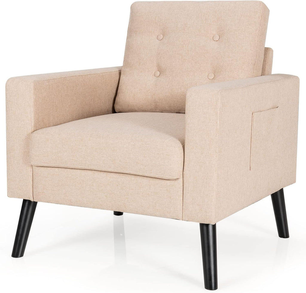 Giantex Modern Accent Chair, Mid-Century Upholstered Armchair Club Chair with Rubber Wood Legs, Patented Linen Fabric Single Sofa for Living Room Bedroom Office, Grey