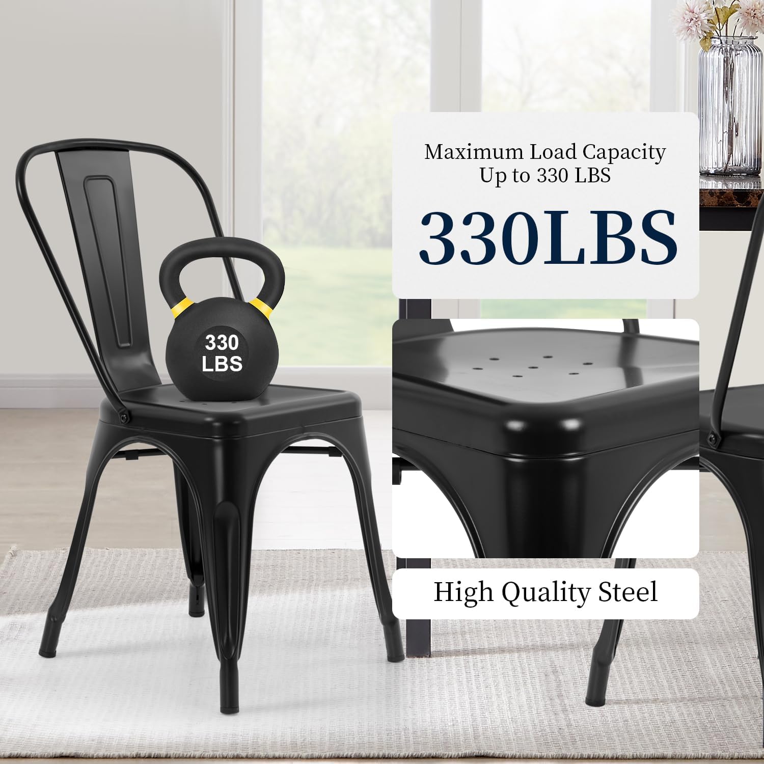FDW | Metal Dining Chairs | Set of 4 | Black | Stackable Tolix Side Chairs with Backrest | Scratch-Resistant | Non-Slip Feet | Indoor/Outdoor Use | 330 lbs Capacity | for Kitchen & Restaurant
