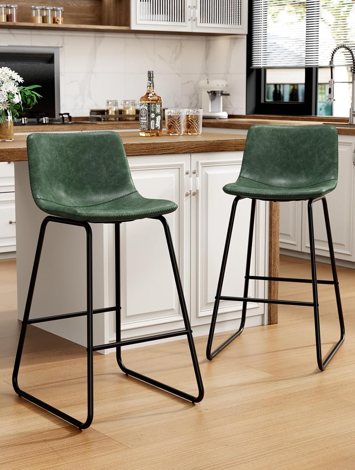 Bar Stools Set of 4, PU Leather Counter Height Bar Stools, 26" Modern Barstools with Metal Legs and Footrest, Urban Armless Dining Chairs with Backrest for Kitchen Island (Brown)