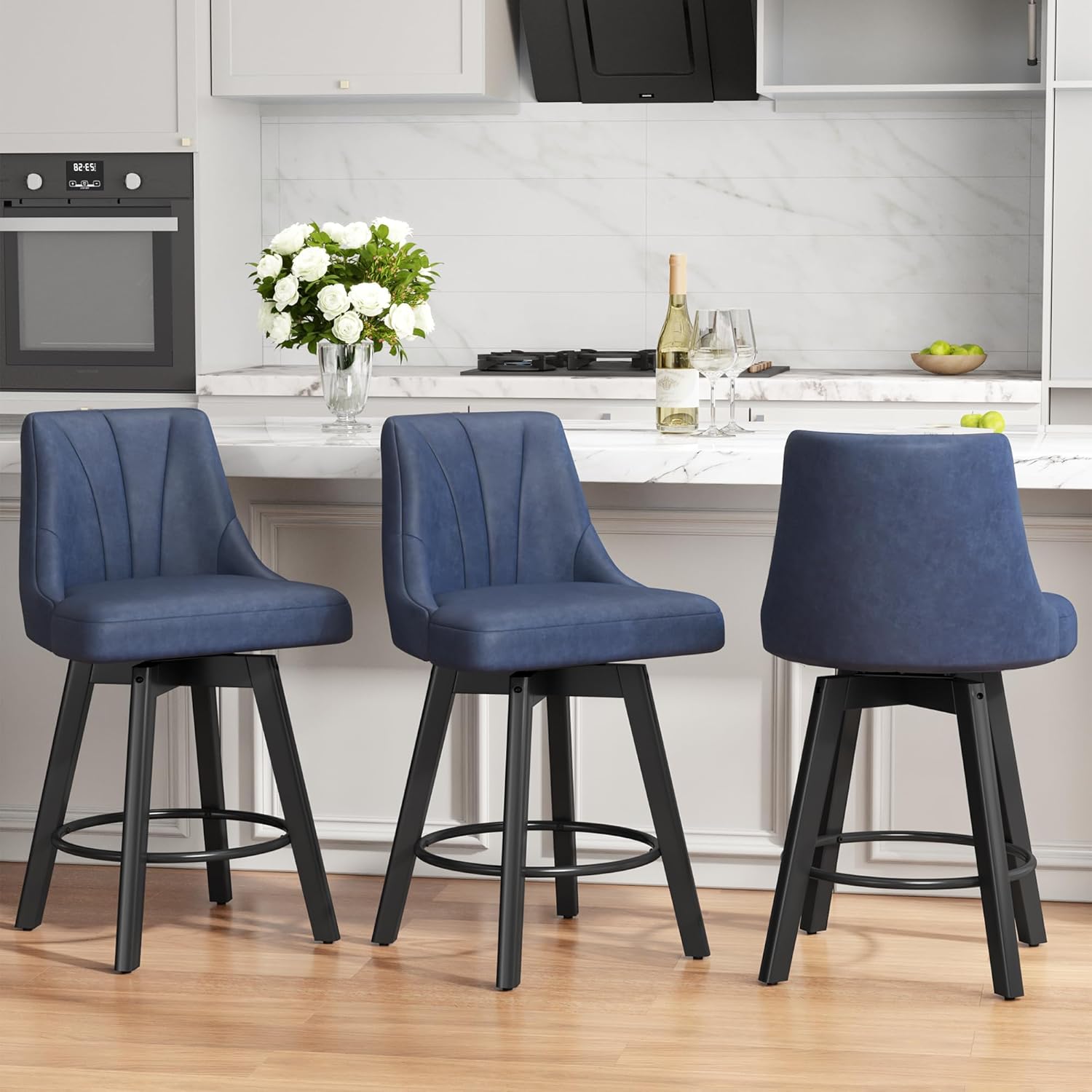 Counter Height Swivel Bar Stool, 24" Upholstered PU Leather Barstools Set of 3, Counter Stool Chair with Back & Solid Wood Legs for Kitchen Island Dining Room (Black)