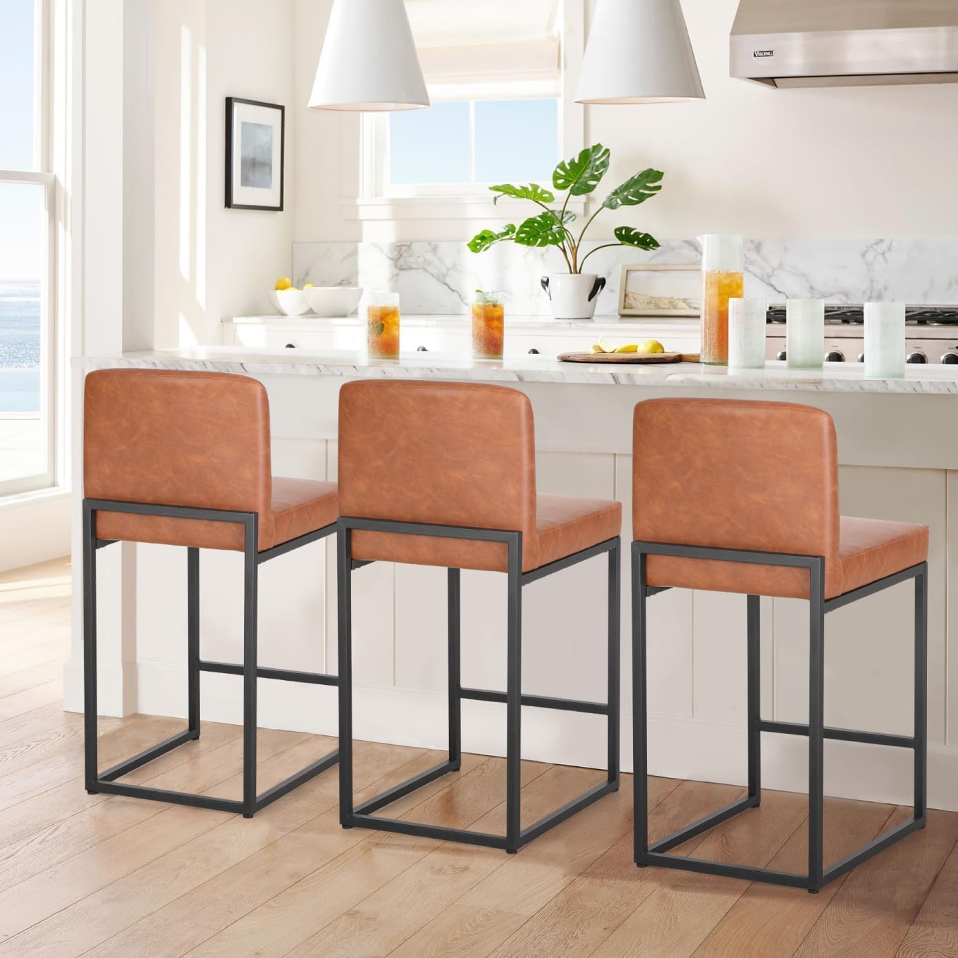 PHI VILLA Black Bar Stools Set of 4, Counter Height 24'' Barstool Pu Leather Bar Stools with Back, Kitchen Bar Chairs