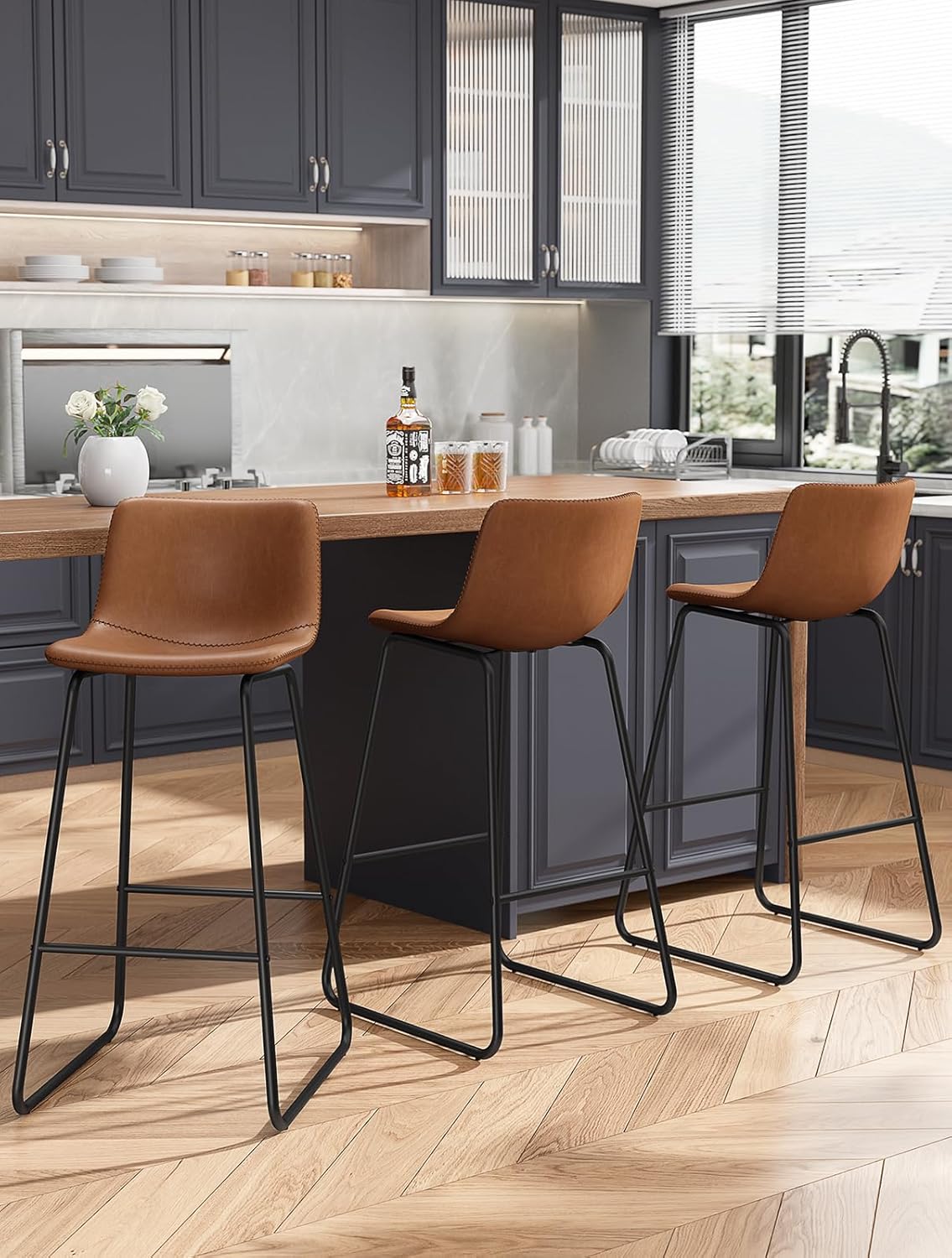 Bar Stools Set of 4, PU Leather Counter Height Bar Stools, 26" Modern Barstools with Metal Legs and Footrest, Urban Armless Dining Chairs with Backrest for Kitchen Island (Brown)