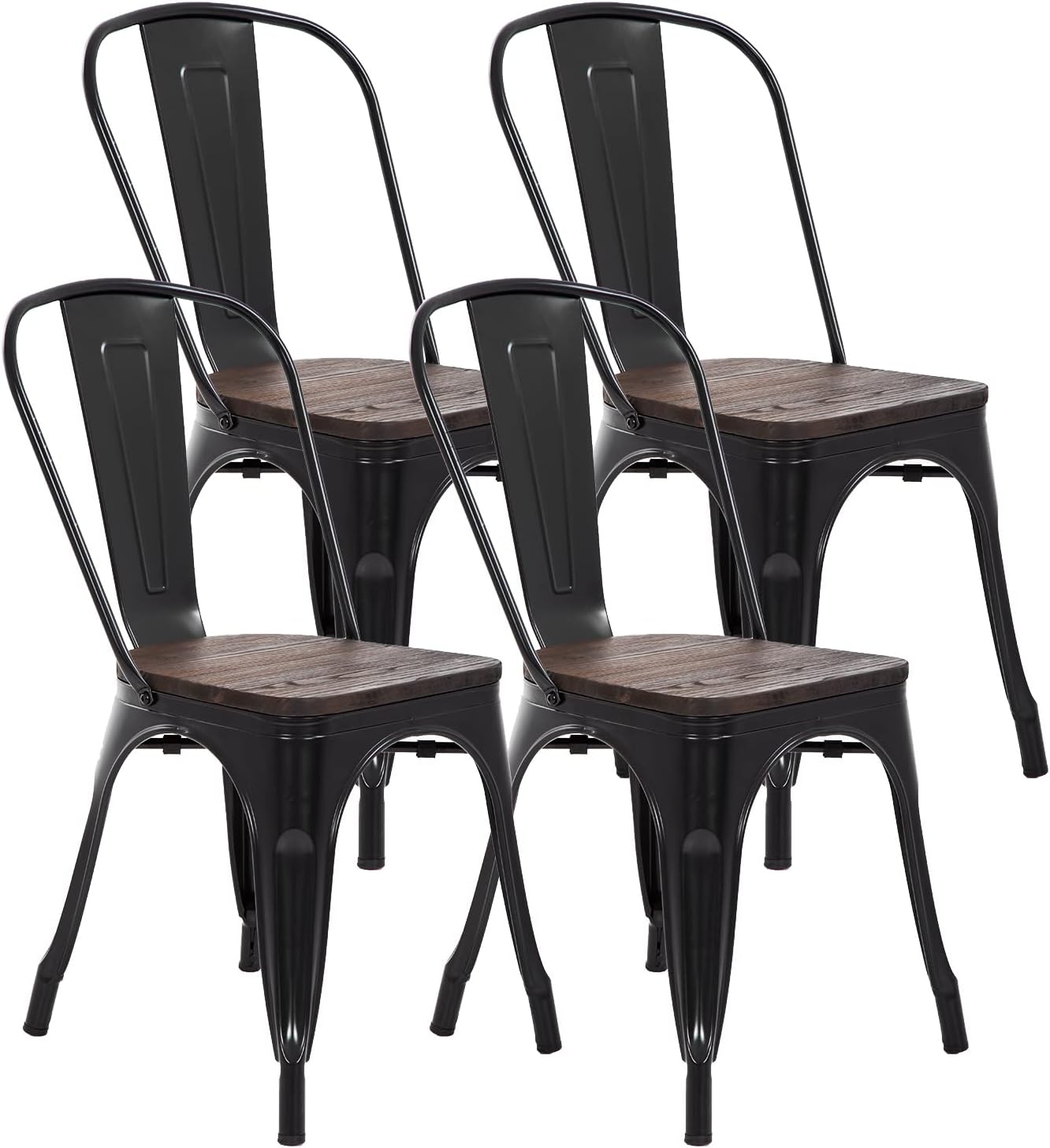 FDW | Metal Dining Chairs | Set of 4 | Black | Stackable Tolix Side Chairs with Backrest | Scratch-Resistant | Non-Slip Feet | Indoor/Outdoor Use | 330 lbs Capacity | for Kitchen & Restaurant