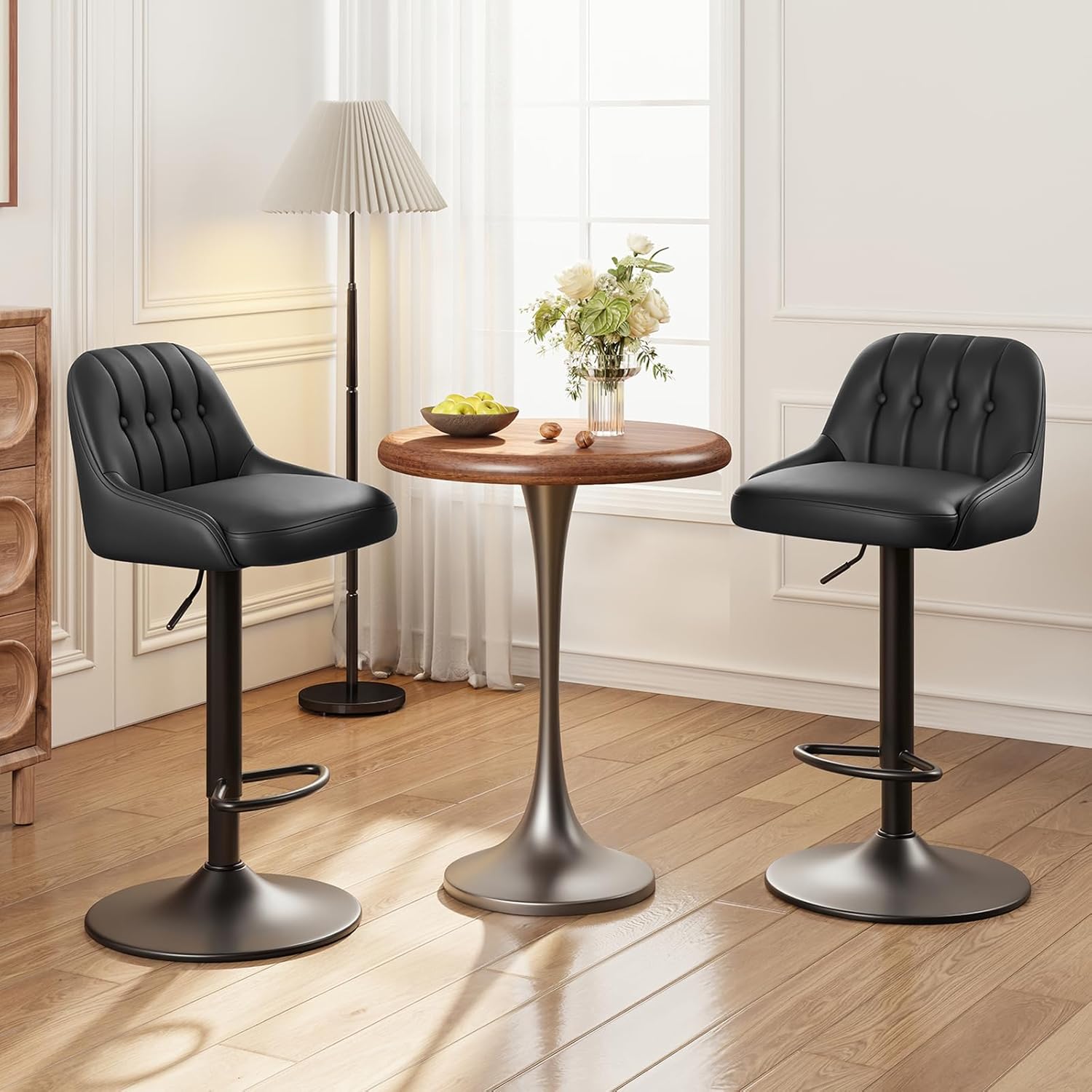 Bar Stools Set of 4, Swivel Bar Chairs, Modern Adjustable PU Leather Upholstered Barstools Counter Height with Tufted Back for Bar, Kitchen Counter Island, Dining Room, Beige