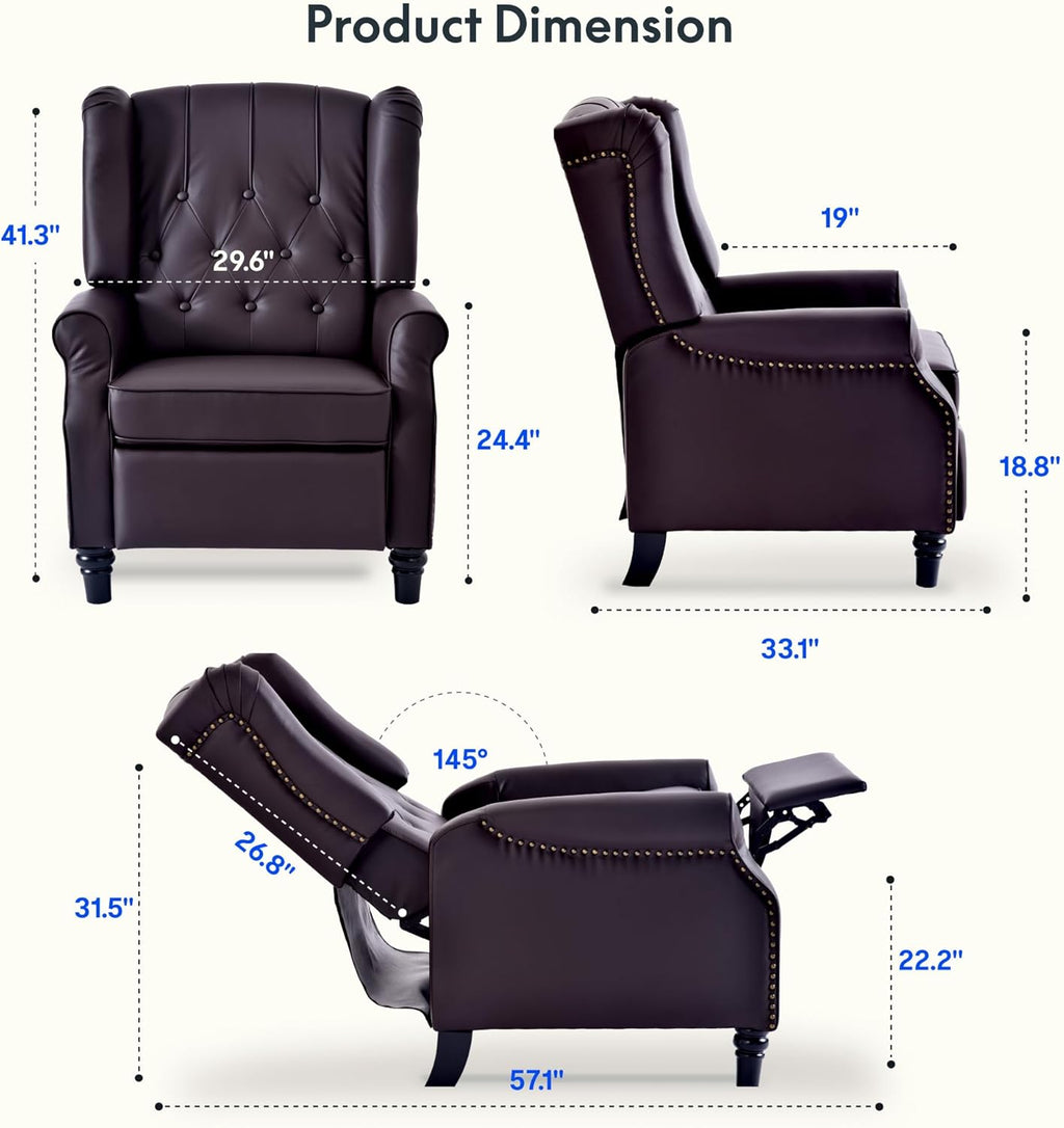 FLEXISPOT XC5 Pushback Recliner Chair for Adults, Mid Century Wingback Accent Chair with Rivet Decoration, Tufted Upholstered Single Sofa Armchair for Living Room, Bedroom, Study (Fabric, White)