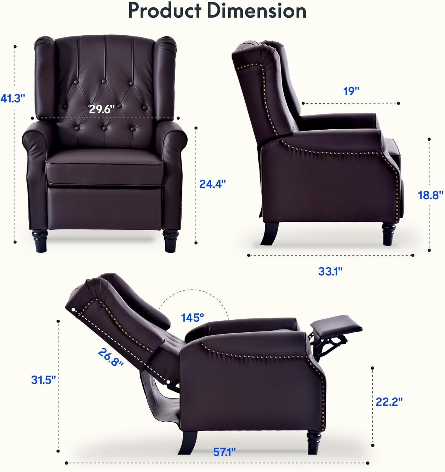 FLEXISPOT XC5 Pushback Recliner Chair for Adults, Mid Century Wingback Accent Chair with Rivet Decoration, Tufted Upholstered Single Sofa Armchair for Living Room, Bedroom, Study (Fabric, White)