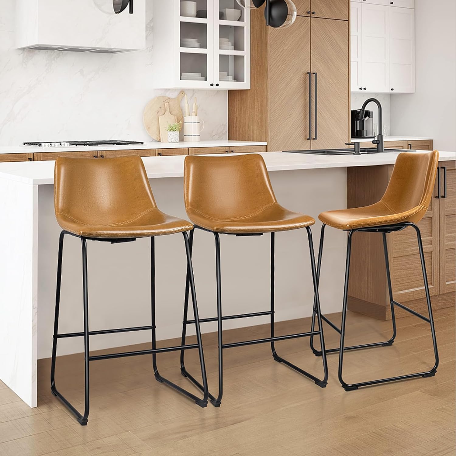 LEMBERI Faux Leather Dining Chairs Set of 4, 18 Inch Modern Kitchen & Dining Room Upholstered Chairs with Backrest and Metal Legs (Black)