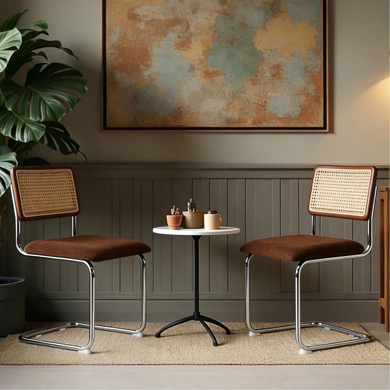 Zesthouse Natural Rattan Dining Chairs Set of 2, Modern Dining Room Chairs with Solid Wood Back for Kitchen Living Room, Mid Century Breuer Design Inspired, Upholstered Faux Leather Brown