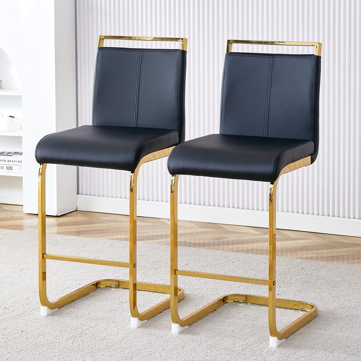 Counter Height Bar Stools Set of 4,25" PU Leather Bar Stools with Back,Counter High Chairs with Black Painted Metal Legs,White Bar Stool of 4 for Kitchen Island,Bar Counter (White,25" H)