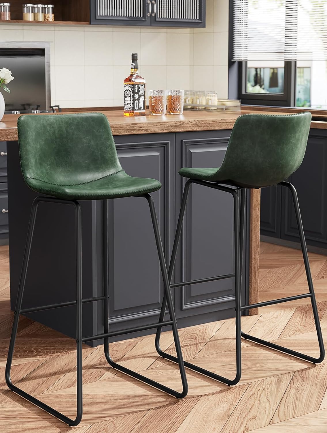 Bar Stools Set of 4, PU Leather Counter Height Bar Stools, 26" Modern Barstools with Metal Legs and Footrest, Urban Armless Dining Chairs with Backrest for Kitchen Island (Brown)