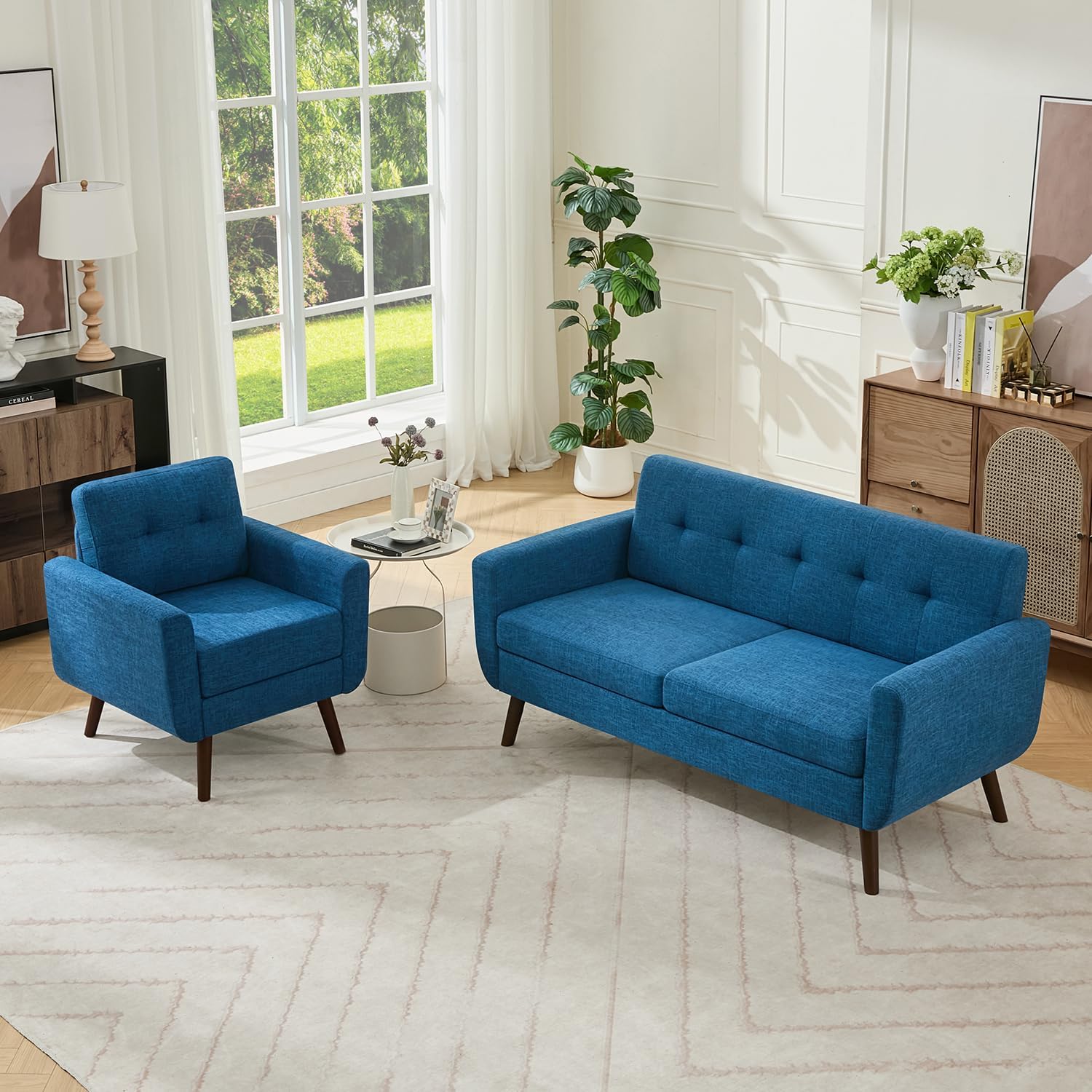 Tbfit Linen Fabric Single Sofa, Accent Chair, Mid Century Modern Armchair for Living Room, Bedroom Button Tufted Upholstered Comfy Reading Sofas, Beige | linen fabric, button tufted, solid wood foot, pocket spring, wood slats frame