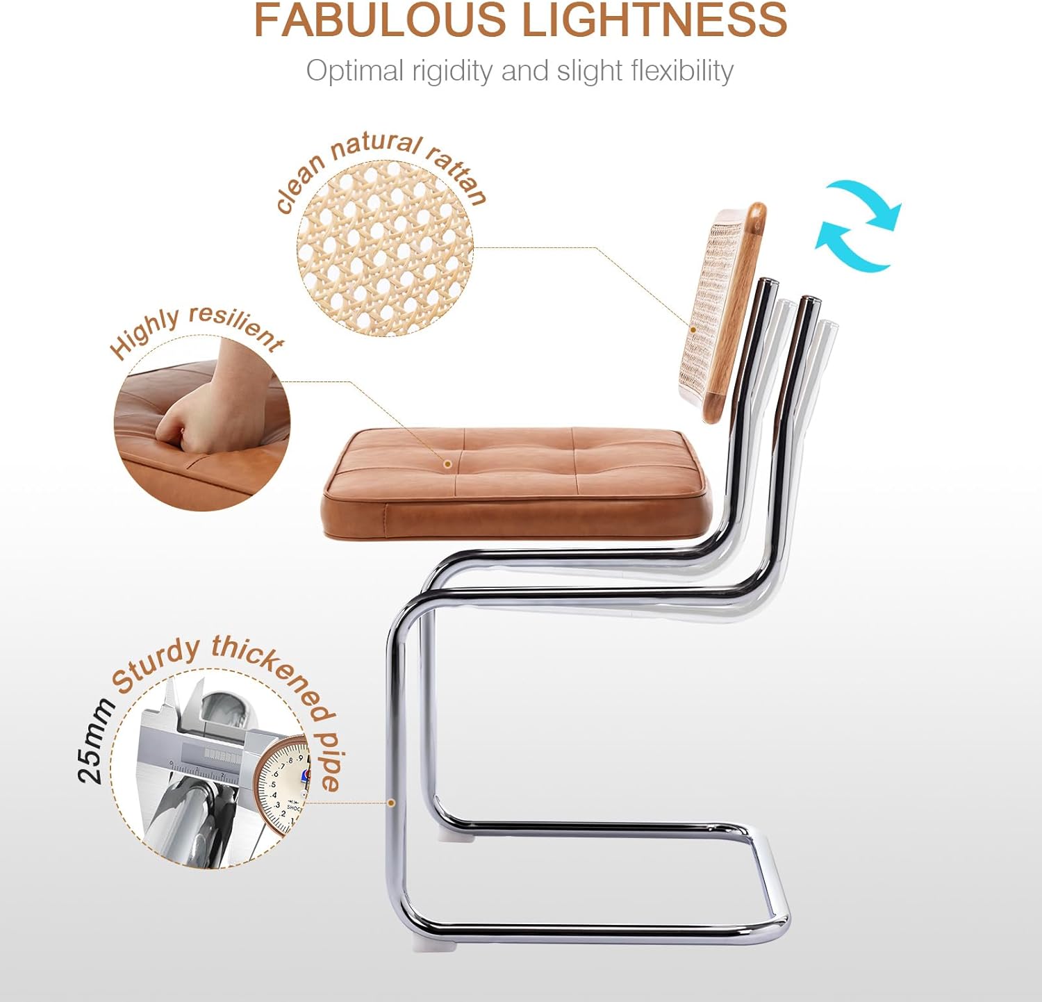 Zesthouse Natural Rattan Dining Chairs Set of 2, Modern Dining Room Chairs with Solid Wood Back for Kitchen Living Room, Mid Century Breuer Design Inspired, Upholstered Faux Leather Brown