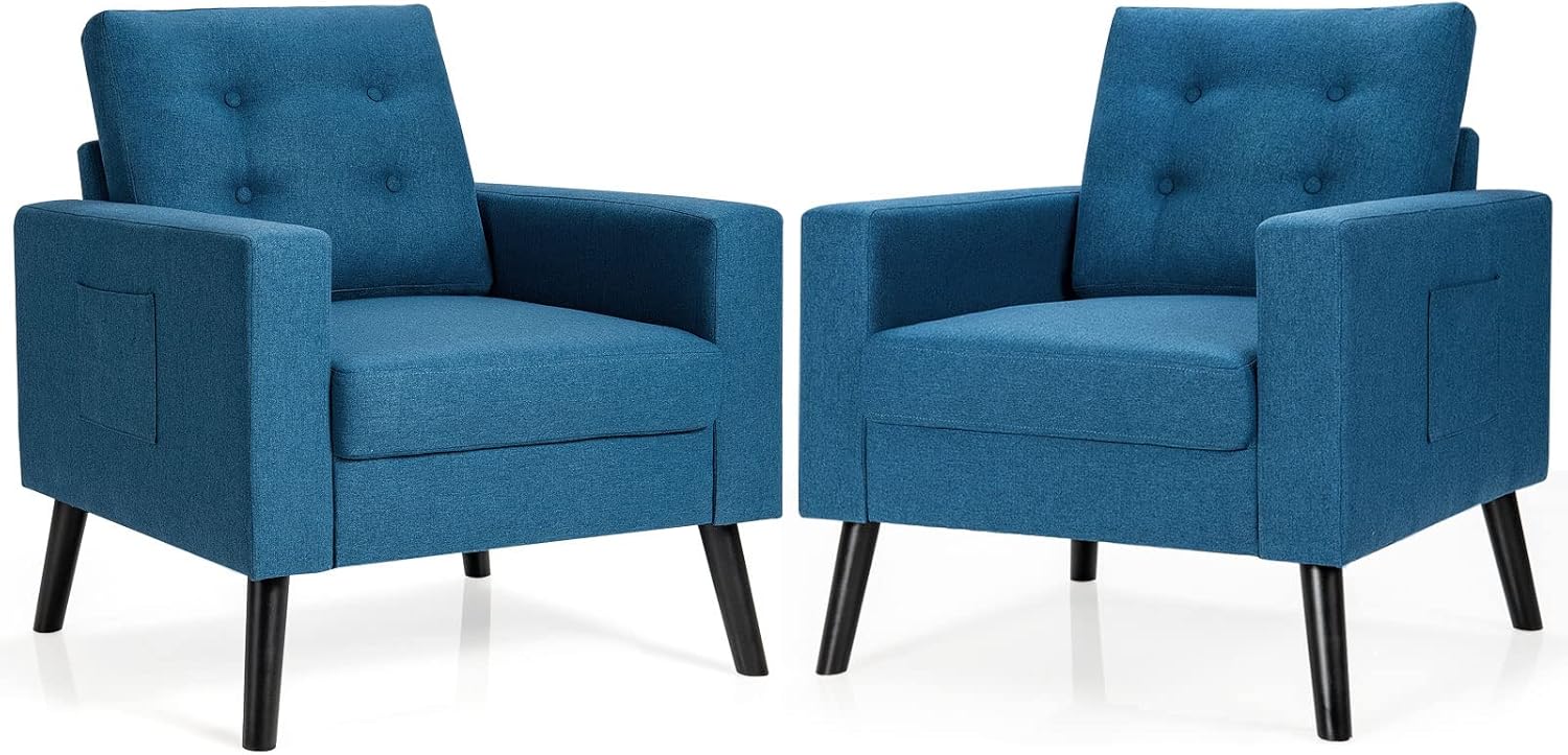 Giantex Modern Accent Chair, Mid-Century Upholstered Armchair Club Chair with Rubber Wood Legs, Patented Linen Fabric Single Sofa for Living Room Bedroom Office, Grey