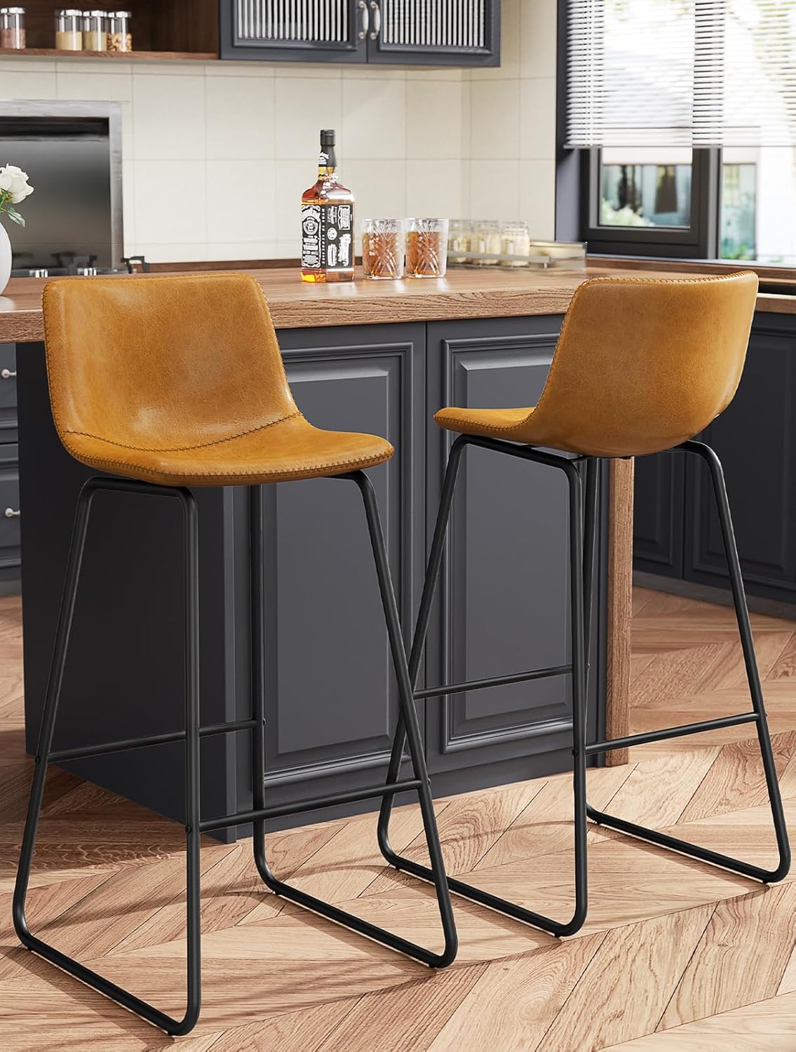 Bar Stools Set of 4, PU Leather Counter Height Bar Stools, 26" Modern Barstools with Metal Legs and Footrest, Urban Armless Dining Chairs with Backrest for Kitchen Island (Brown)