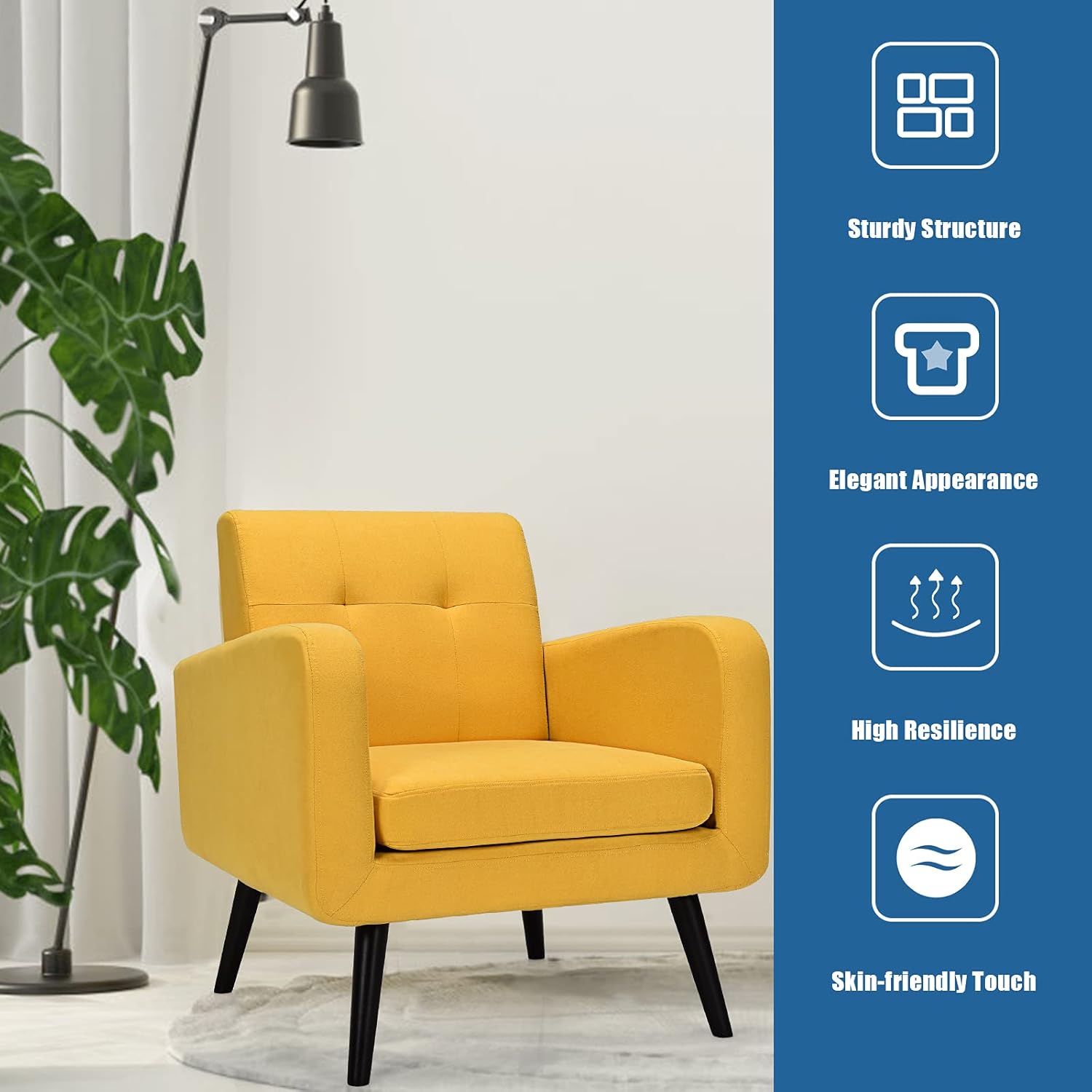Giantex Upholstered Accent Chair, Modern Mid Century Linen Fabric Living Room Chair with Arms, Max Load 265 Lbs, Comfy Tufted Single Sofa for Reading, Bedroom, Office, Club, Yellow