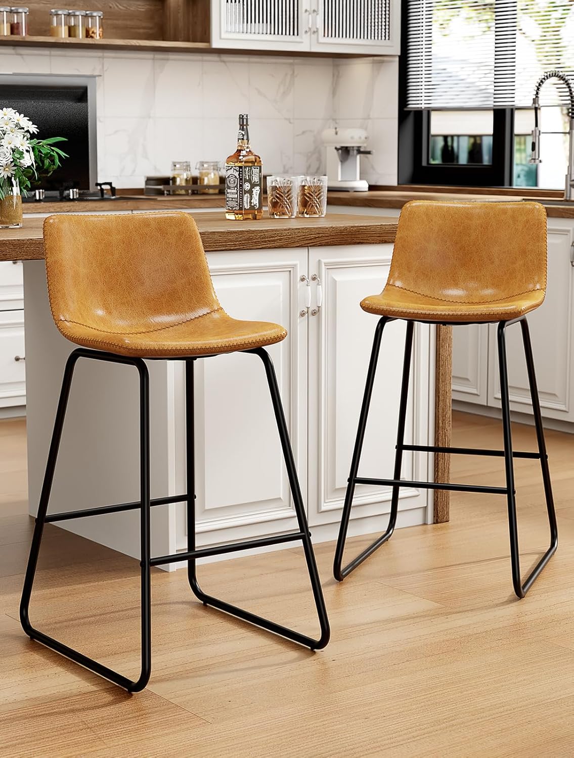 Bar Stools Set of 4, PU Leather Counter Height Bar Stools, 26" Modern Barstools with Metal Legs and Footrest, Urban Armless Dining Chairs with Backrest for Kitchen Island (Brown)