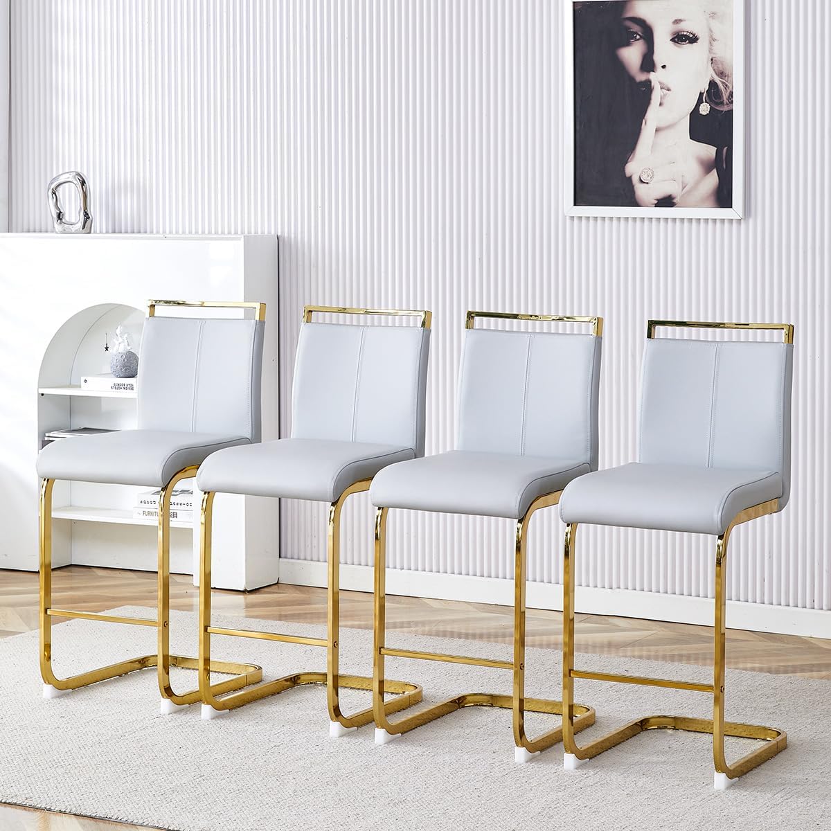 Counter Height Bar Stools Set of 4,25" PU Leather Bar Stools with Back,Counter High Chairs with Black Painted Metal Legs,White Bar Stool of 4 for Kitchen Island,Bar Counter (White,25" H)