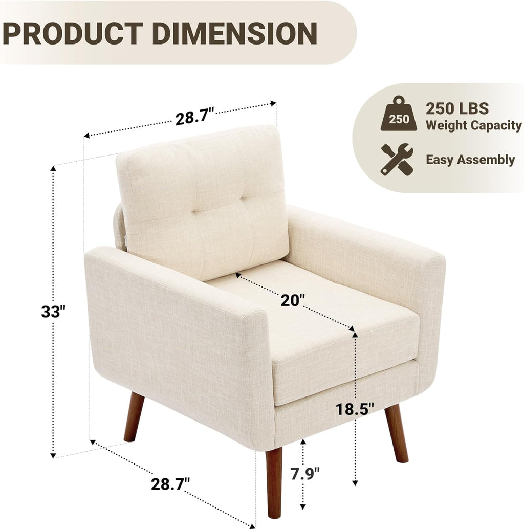 Tbfit Linen Fabric Single Sofa, Accent Chair, Mid Century Modern Armchair for Living Room, Bedroom Button Tufted Upholstered Comfy Reading Sofas, Beige | linen fabric, button tufted, solid wood foot, pocket spring, wood slats frame