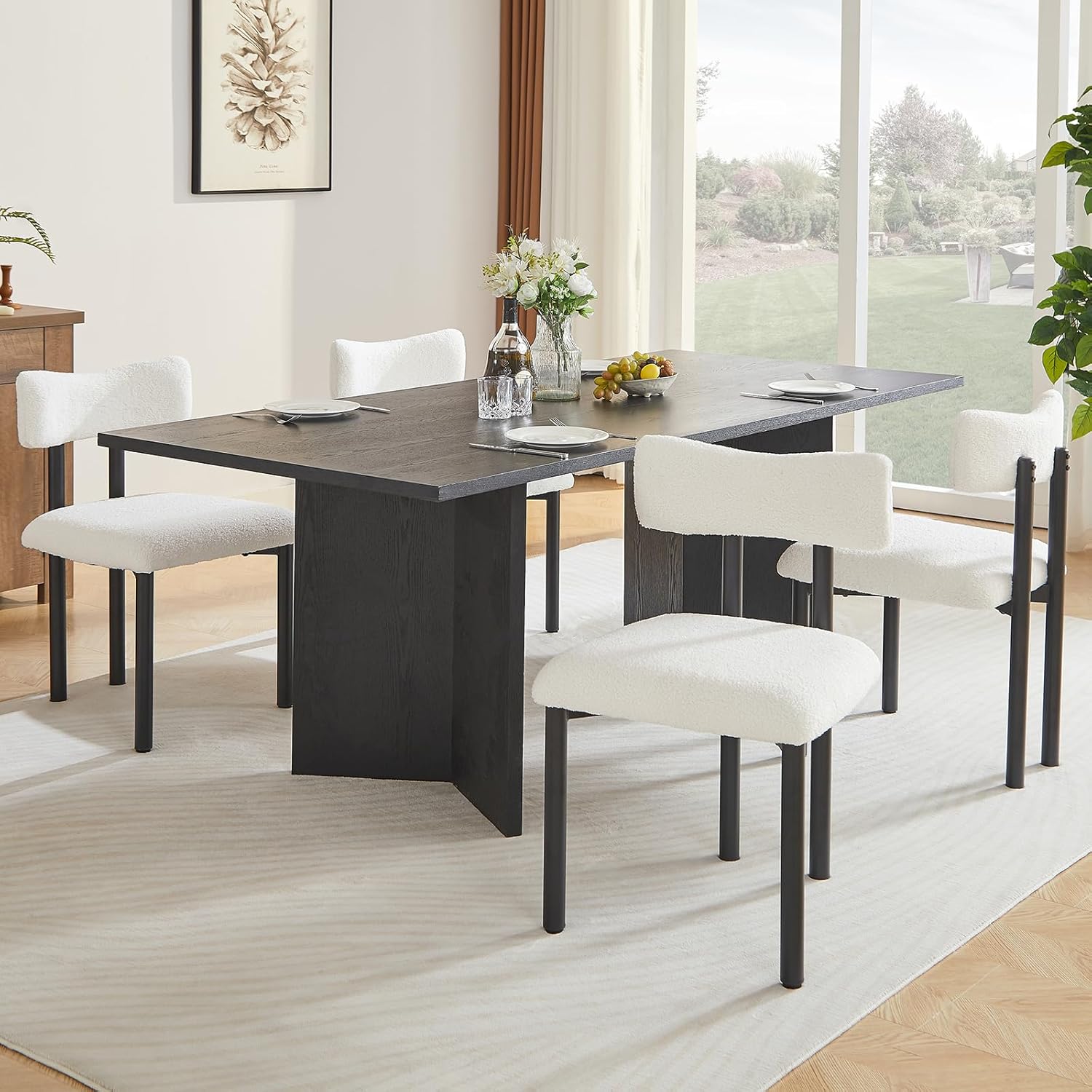 Boucle Dining Chairs Set of 4, Upholstered Kitchen Dinning Room Chair with Curved Backrest and Metal Frame, Mid Century Modern Kitchen Chair for Dining Room, Restaurant, Grey